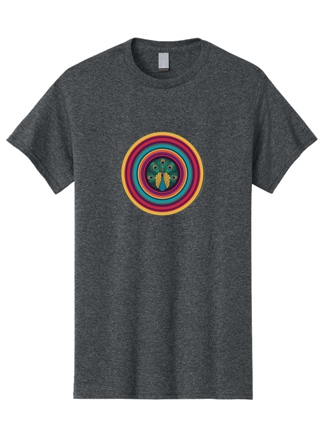 Peacock-Feathers-2 Men'S Graphic Tee, 100% Cotton, Comfortable Casual Summer Wear, Machine Washable, Peacock Feather, Bohemian Style, Vibrant Colors, Colorful Rings, Abstract Art, Hypnotic Patterns, Nature-Inspired Design, Circular Motif, Bab121 9