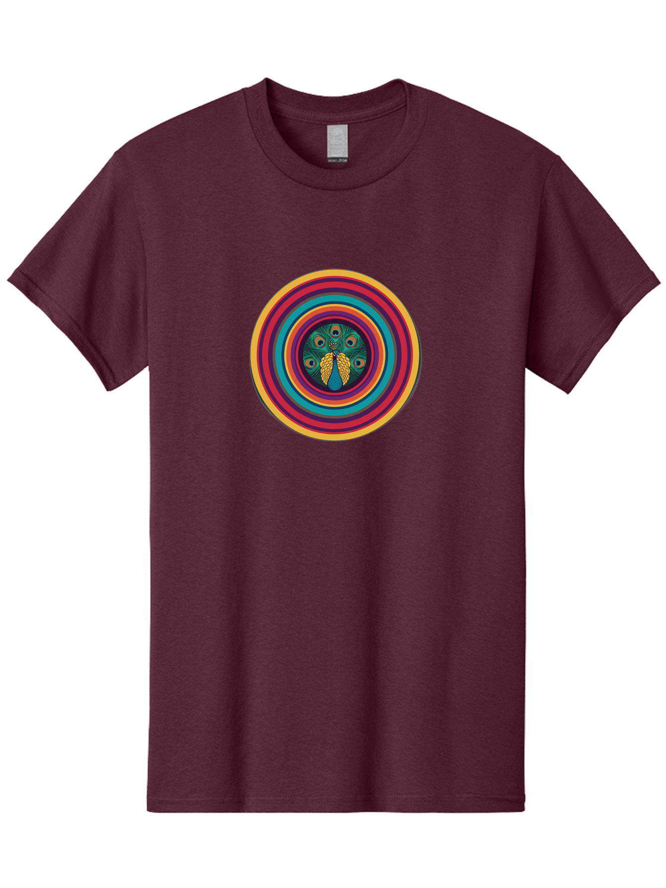 Peacock-Feathers-2 Men'S Graphic Tee, 100% Cotton, Comfortable Casual Summer Wear, Machine Washable, Peacock Feather, Bohemian Style, Vibrant Colors, Colorful Rings, Abstract Art, Hypnotic Patterns, Nature-Inspired Design, Circular Motif, Bab121 15