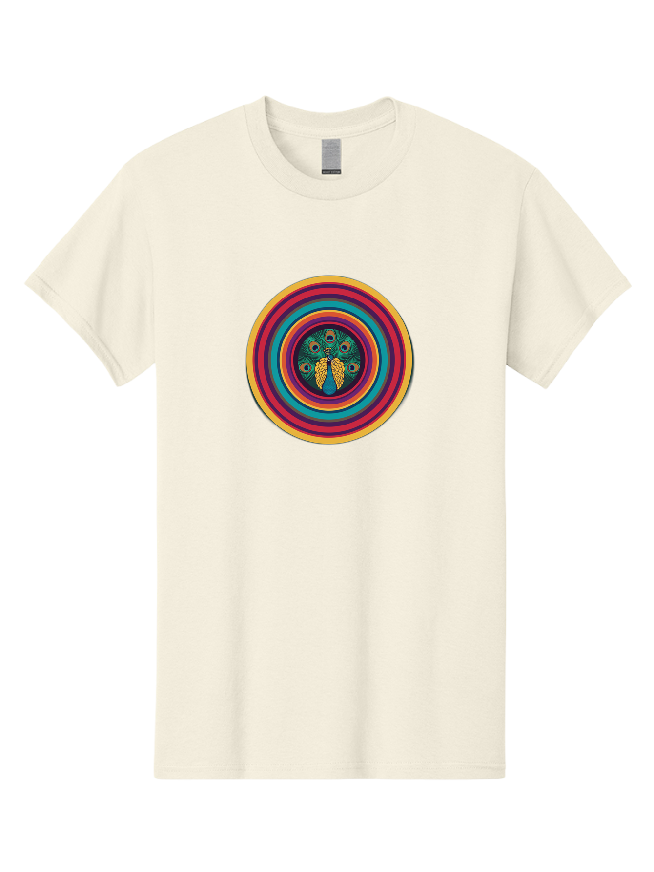 Peacock-Feathers-2 Men'S Graphic Tee, 100% Cotton, Comfortable Casual Summer Wear, Machine Washable, Peacock Feather, Bohemian Style, Vibrant Colors, Colorful Rings, Abstract Art, Hypnotic Patterns, Nature-Inspired Design, Circular Motif, Bab121 5