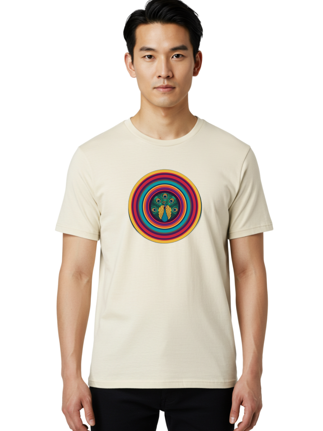 Peacock-Feathers-2 Men'S Graphic Tee, 100% Cotton, Comfortable Casual Summer Wear, Machine Washable, Peacock Feather, Bohemian Style, Vibrant Colors, Colorful Rings, Abstract Art, Hypnotic Patterns, Nature-Inspired Design, Circular Motif, Bab121 6