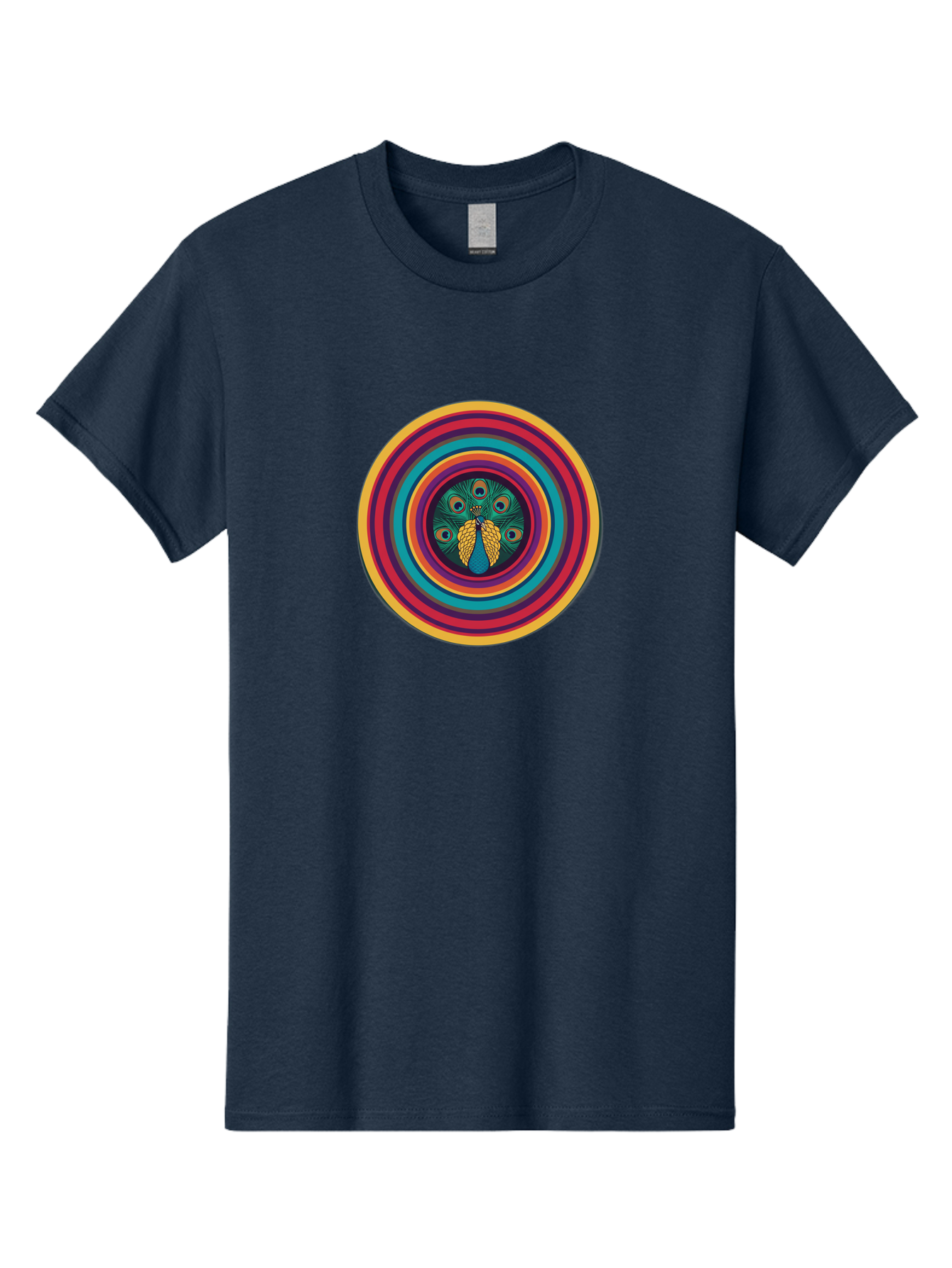 Peacock-Feathers-2 Men'S Graphic Tee, 100% Cotton, Comfortable Casual Summer Wear, Machine Washable, Peacock Feather, Bohemian Style, Vibrant Colors, Colorful Rings, Abstract Art, Hypnotic Patterns, Nature-Inspired Design, Circular Motif, Bab121 21