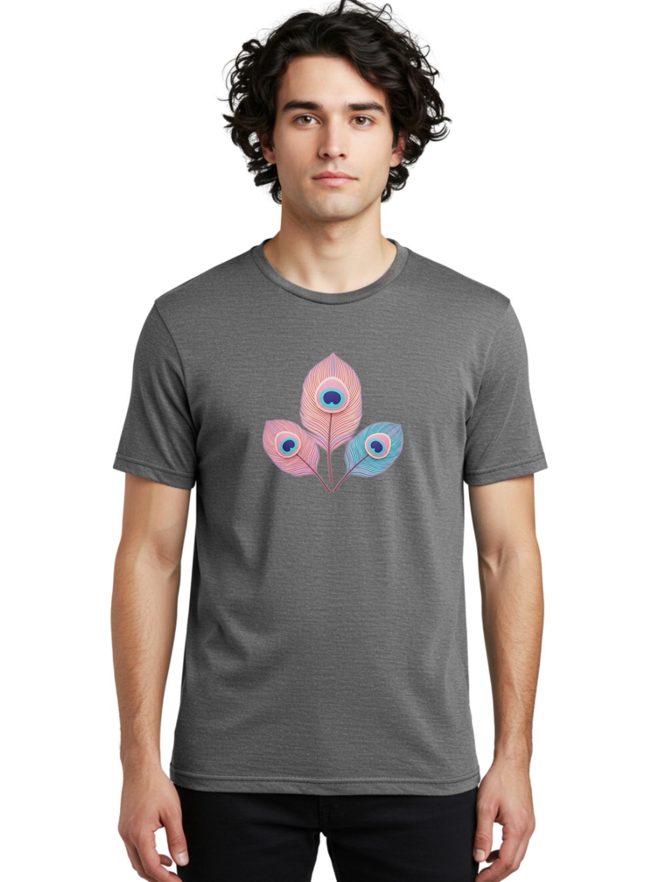 Peacock-Feathers-Graphic Men'S Graphic Tee, 100% Cotton, Comfortable Casual Summer Wear, Machine Washable, Peacock Feathers, Vibrant Colors, Pastel Hues, Eye-Catching Design, Bird Plumage, Decorative Elements, Artistic Patterns, Bab122 12