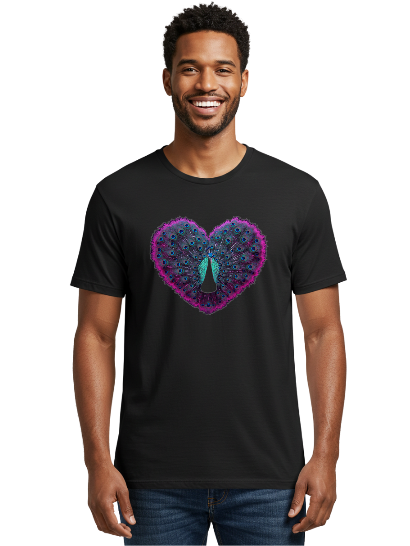 Peacock-Feathers-Heart Men'S Graphic Tee, 100% Cotton, Comfortable Casual Summer Wear, Machine Washable, Peacock Feathers, Heart Shape, Vibrant Colors, Blue Eyespots, Purple And Pink Hues, Symbolic Love, Plumage Display, Artistic Design, Bab123 28
