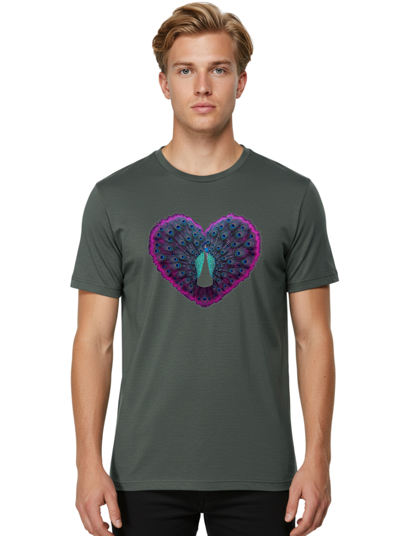Peacock-Feathers-Heart Men'S Graphic Tee, 100% Cotton, Comfortable Casual Summer Wear, Machine Washable, Peacock Feathers, Heart Shape, Vibrant Colors, Blue Eyespots, Purple And Pink Hues, Symbolic Love, Plumage Display, Artistic Design, Bab123 20
