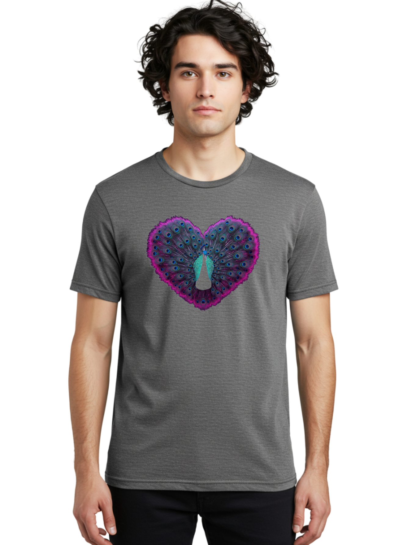 Peacock-Feathers-Heart Men'S Graphic Tee, 100% Cotton, Comfortable Casual Summer Wear, Machine Washable, Peacock Feathers, Heart Shape, Vibrant Colors, Blue Eyespots, Purple And Pink Hues, Symbolic Love, Plumage Display, Artistic Design, Bab123 12