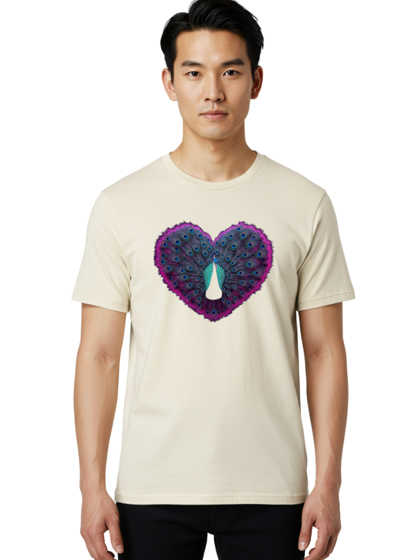 Peacock-Feathers-Heart Men'S Graphic Tee, 100% Cotton, Comfortable Casual Summer Wear, Machine Washable, Peacock Feathers, Heart Shape, Vibrant Colors, Blue Eyespots, Purple And Pink Hues, Symbolic Love, Plumage Display, Artistic Design, Bab123 6