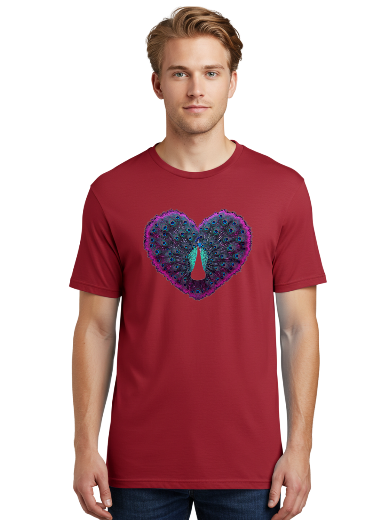 Peacock-Feathers-Heart Men'S Graphic Tee, 100% Cotton, Comfortable Casual Summer Wear, Machine Washable, Peacock Feathers, Heart Shape, Vibrant Colors, Blue Eyespots, Purple And Pink Hues, Symbolic Love, Plumage Display, Artistic Design, Bab123 26