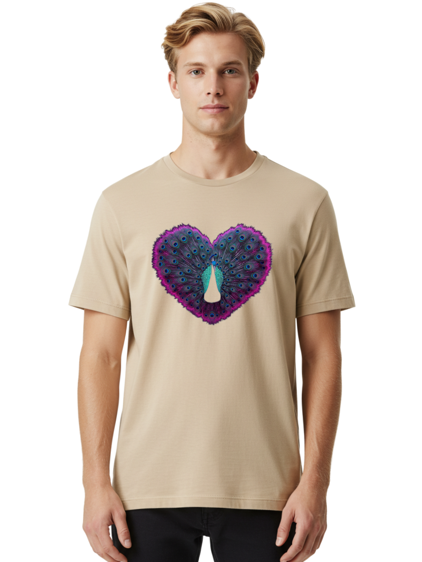 Peacock-Feathers-Heart Men'S Graphic Tee, 100% Cotton, Comfortable Casual Summer Wear, Machine Washable, Peacock Feathers, Heart Shape, Vibrant Colors, Blue Eyespots, Purple And Pink Hues, Symbolic Love, Plumage Display, Artistic Design, Bab123 4