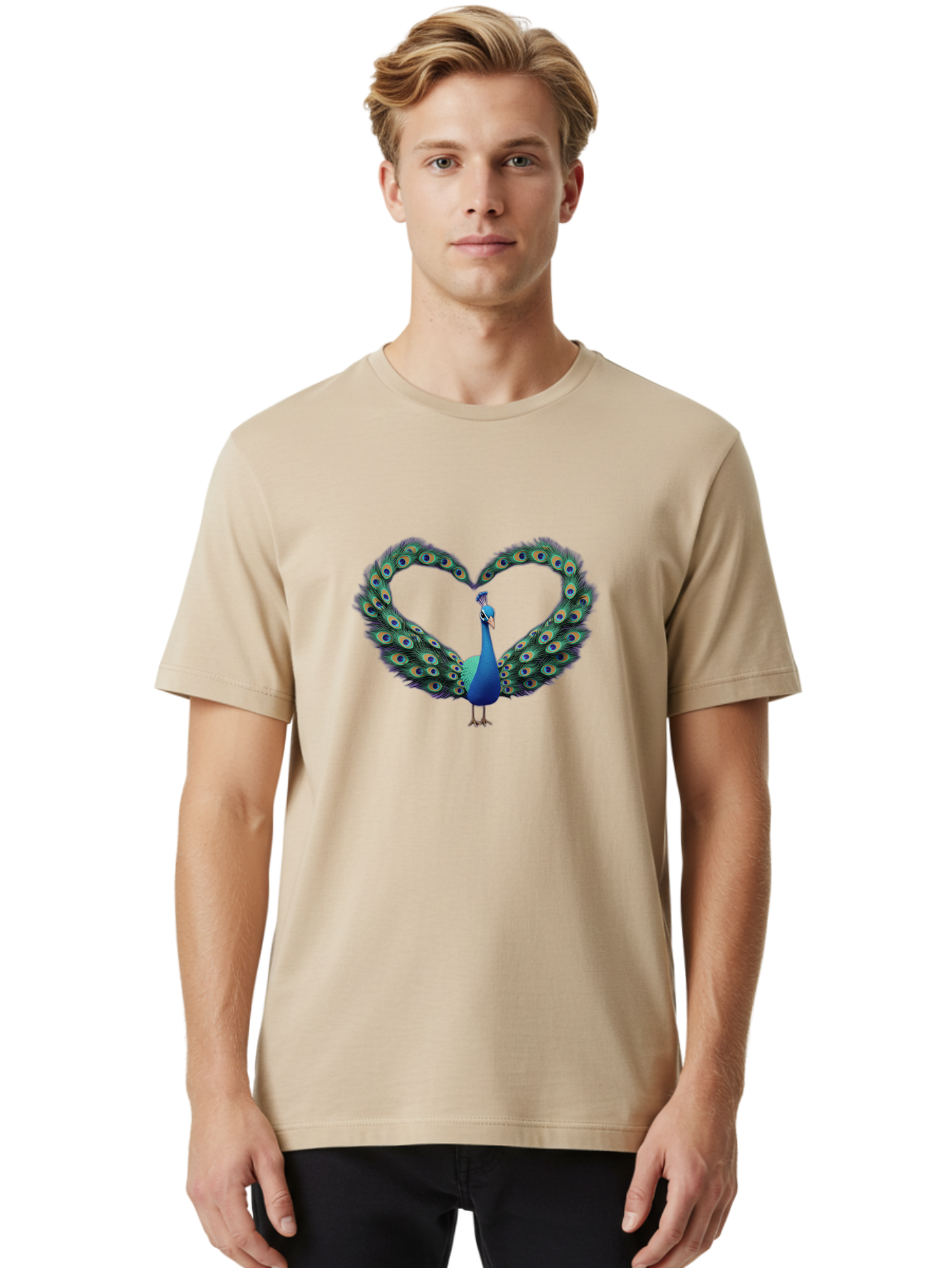Peacock-Heart-1 Men'S Graphic Tee, 100% Cotton, Comfortable Casual Summer Wear, Machine Washable, Peacock Forming Heart Shape, Vibrant Blue And Green Colors, Symbolic Love Representation, Bird With Spread Feathers, Peacock'S Majestic Plumage, Bab125 4