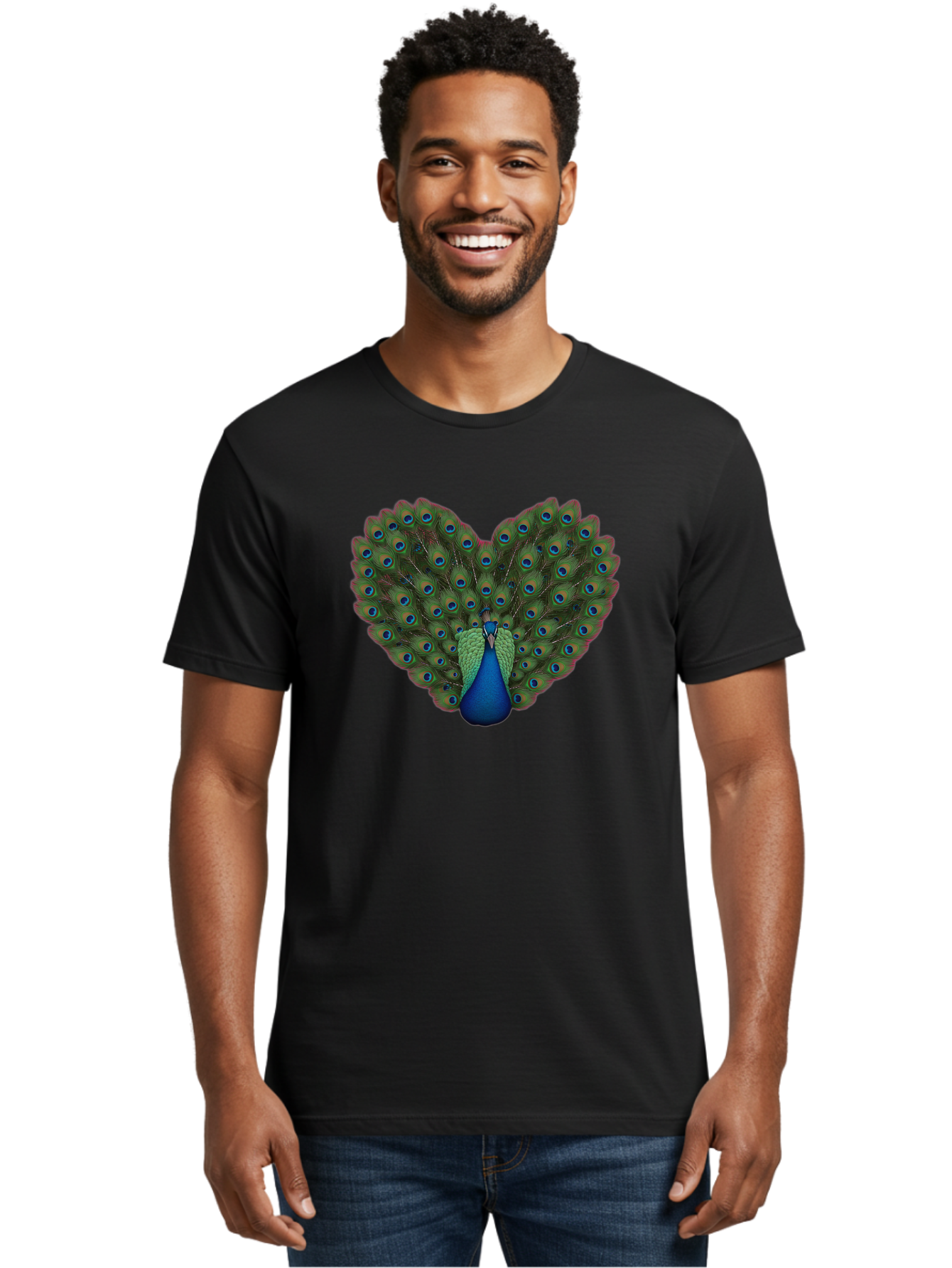 Peacock-Heart-Shape Men'S Graphic Tee, 100% Cotton, Comfortable Casual Summer Wear, Machine Washable, Peacock Displaying Feathers, Vibrant Plumage, Blue Eyespots, Green And Blue Colors, Majestic Bird, Exotic Wildlife, Stunning Display, Bab126 28