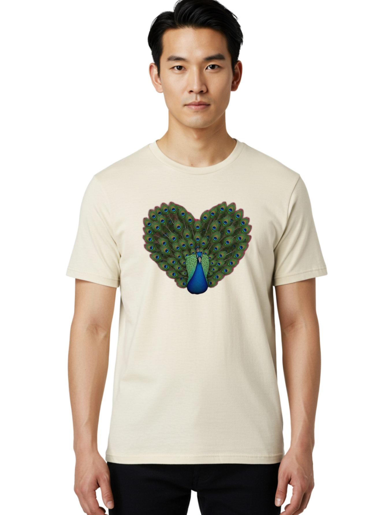 Peacock-Heart-Shape Men'S Graphic Tee, 100% Cotton, Comfortable Casual Summer Wear, Machine Washable, Peacock Displaying Feathers, Vibrant Plumage, Blue Eyespots, Green And Blue Colors, Majestic Bird, Exotic Wildlife, Stunning Display, Bab126 6
