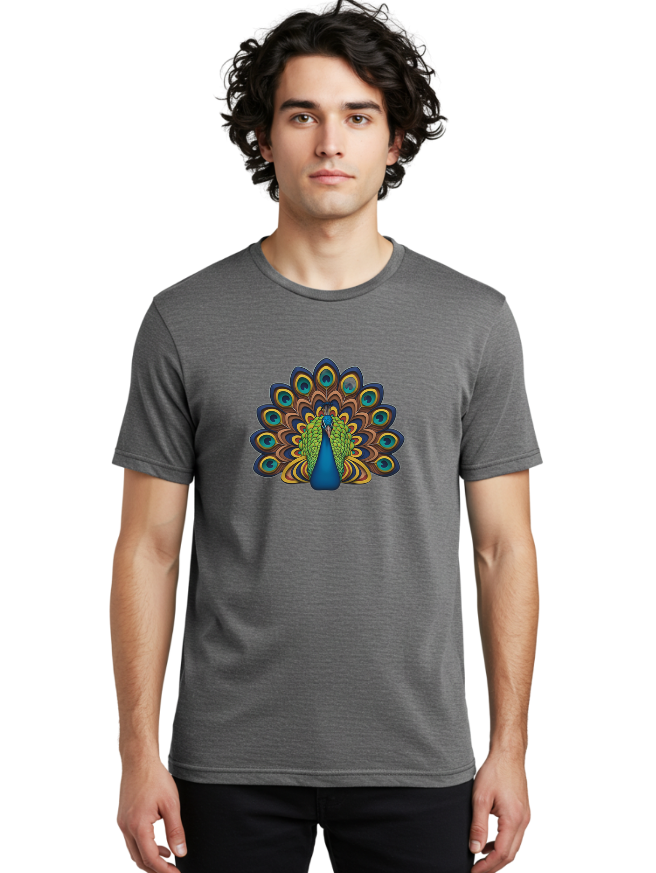 Peacock-Illustration Men'S Graphic Tee, 100% Cotton, Comfortable Casual Summer Wear, Machine Washable, Peacock With Vibrant Plumage, Colorful Feathers, Blue And Green Hues, Eye-Catching Patterns, Majestic Bird, Exotic Beauty, Ornate Tail, Bab128 12