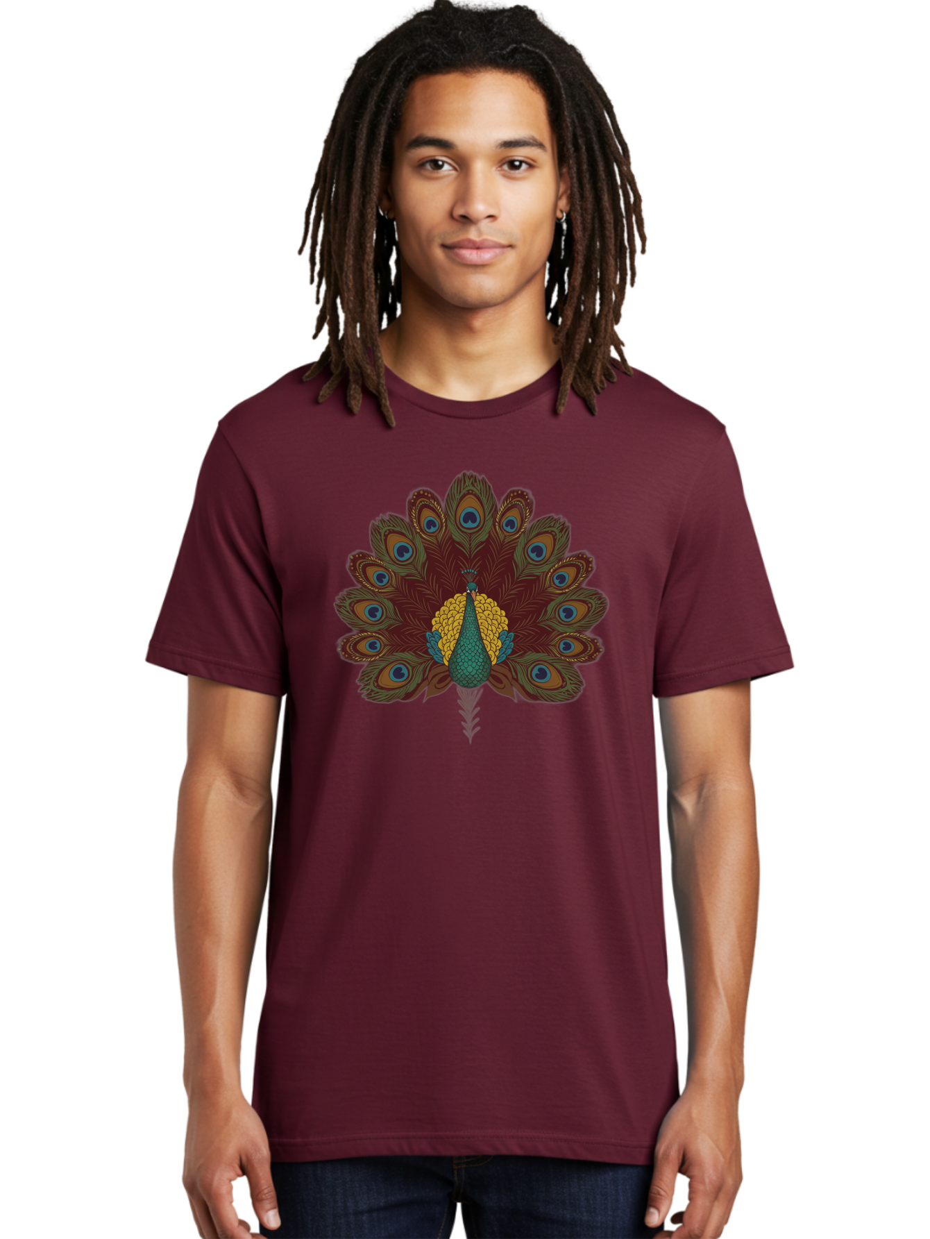 Peacock-Spreading-Tail-Feathers Men'S Graphic Tee, 100% Cotton, Comfortable Casual Summer Wear, Machine Washable, Peacock, Vibrant Plumage, Intricate Details, Mesmerizing Patterns, Ornate Feathers, Regal Bird, Stunning Display, Bab129 16
