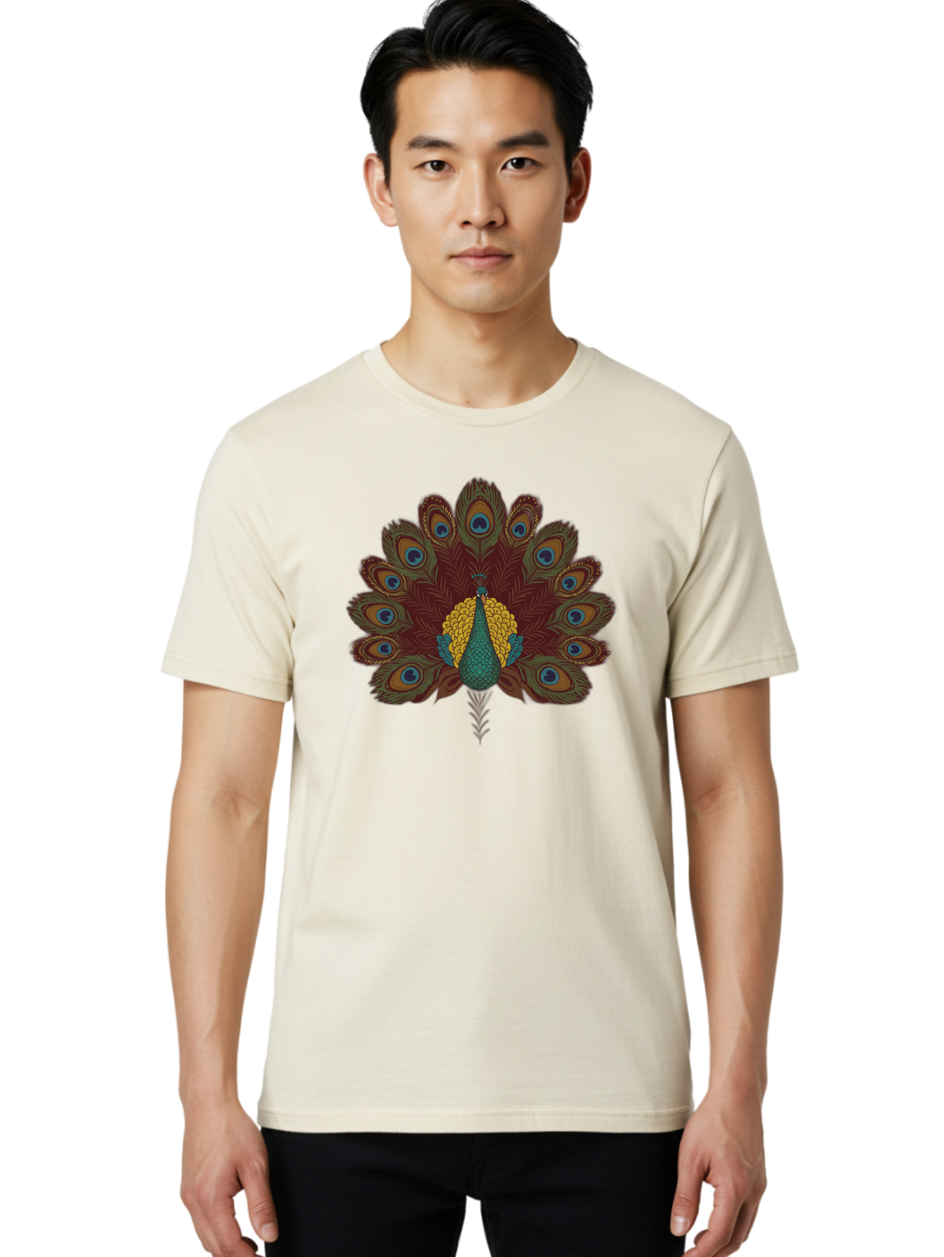 Peacock-Spreading-Tail-Feathers Men'S Graphic Tee, 100% Cotton, Comfortable Casual Summer Wear, Machine Washable, Peacock, Vibrant Plumage, Intricate Details, Mesmerizing Patterns, Ornate Feathers, Regal Bird, Stunning Display, Bab129 6