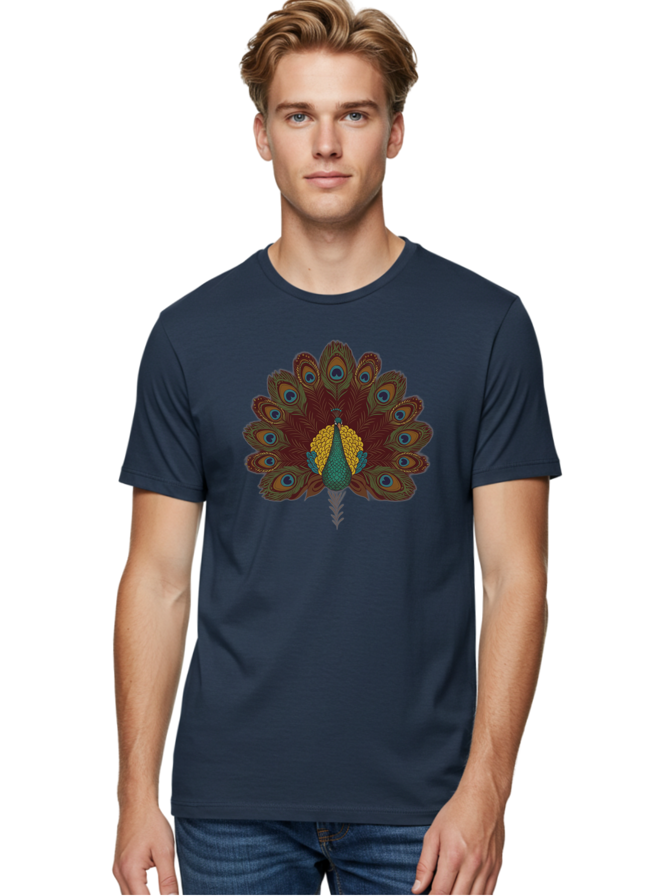 Peacock-Spreading-Tail-Feathers Men'S Graphic Tee, 100% Cotton, Comfortable Casual Summer Wear, Machine Washable, Peacock, Vibrant Plumage, Intricate Details, Mesmerizing Patterns, Ornate Feathers, Regal Bird, Stunning Display, Bab129 22
