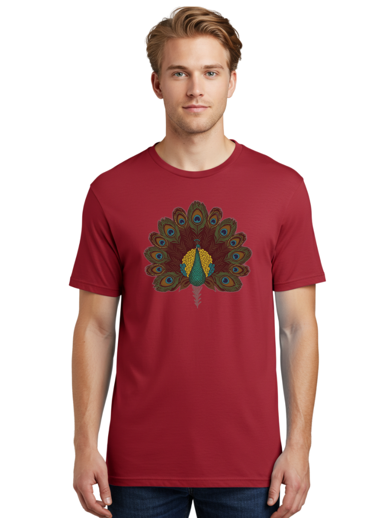 Peacock-Spreading-Tail-Feathers Men'S Graphic Tee, 100% Cotton, Comfortable Casual Summer Wear, Machine Washable, Peacock, Vibrant Plumage, Intricate Details, Mesmerizing Patterns, Ornate Feathers, Regal Bird, Stunning Display, Bab129 26