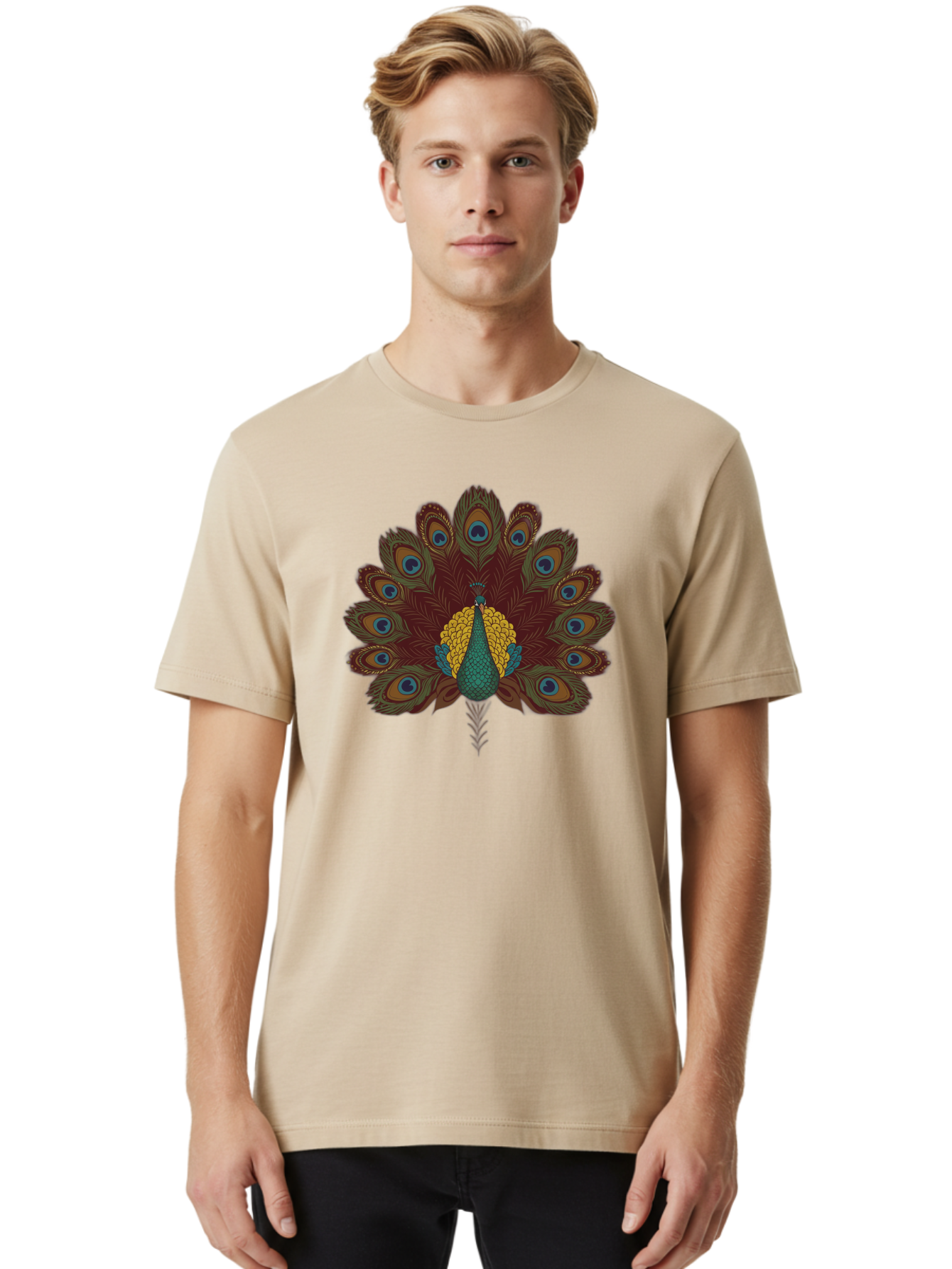 Peacock-Spreading-Tail-Feathers Men'S Graphic Tee, 100% Cotton, Comfortable Casual Summer Wear, Machine Washable, Peacock, Vibrant Plumage, Intricate Details, Mesmerizing Patterns, Ornate Feathers, Regal Bird, Stunning Display, Bab129 4