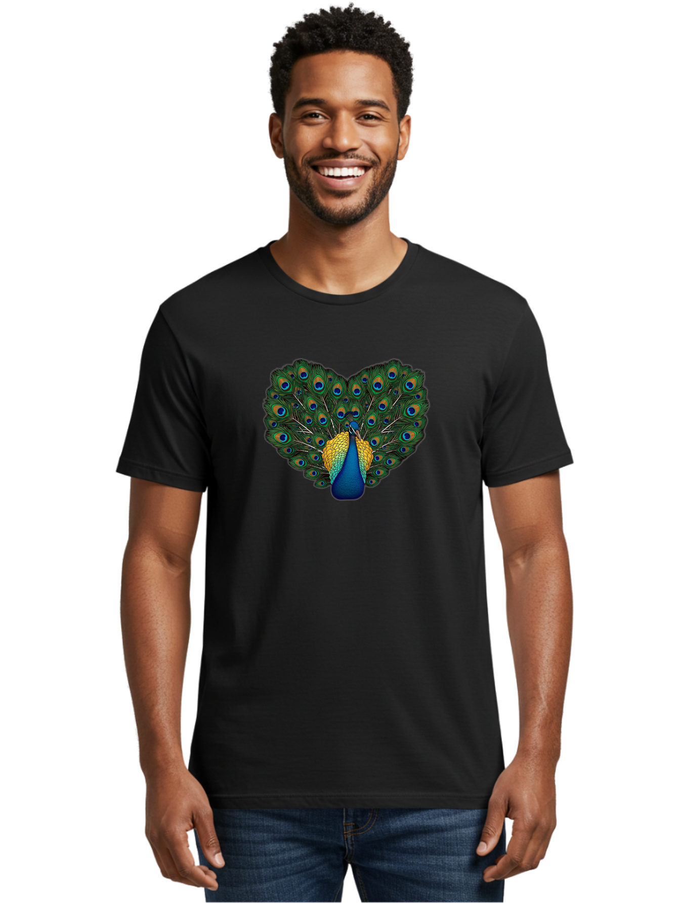 Peacock-Spreads-Tail Men'S Graphic Tee, 100% Cotton, Comfortable Casual Summer Wear, Machine Washable, Peacock Spreads Tail, Vibrant Feathers, Colorful Plumage, Blue And Gold, Eye-Catching Display, Majestic Bird, Ornate Patterns Bab130 28