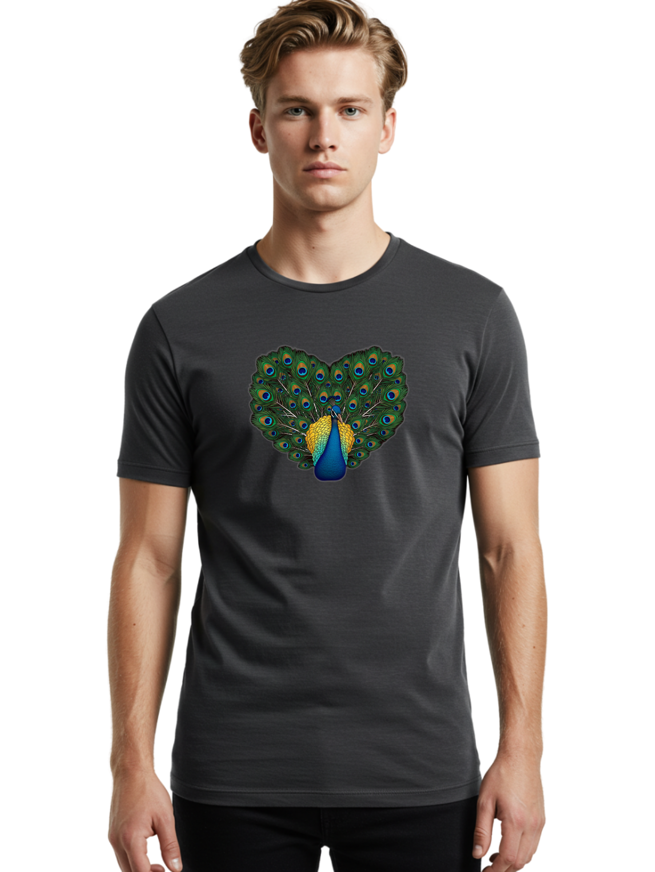 Peacock-Spreads-Tail Men'S Graphic Tee, 100% Cotton, Comfortable Casual Summer Wear, Machine Washable, Peacock Spreads Tail, Vibrant Feathers, Colorful Plumage, Blue And Gold, Eye-Catching Display, Majestic Bird, Ornate Patterns Bab130 10