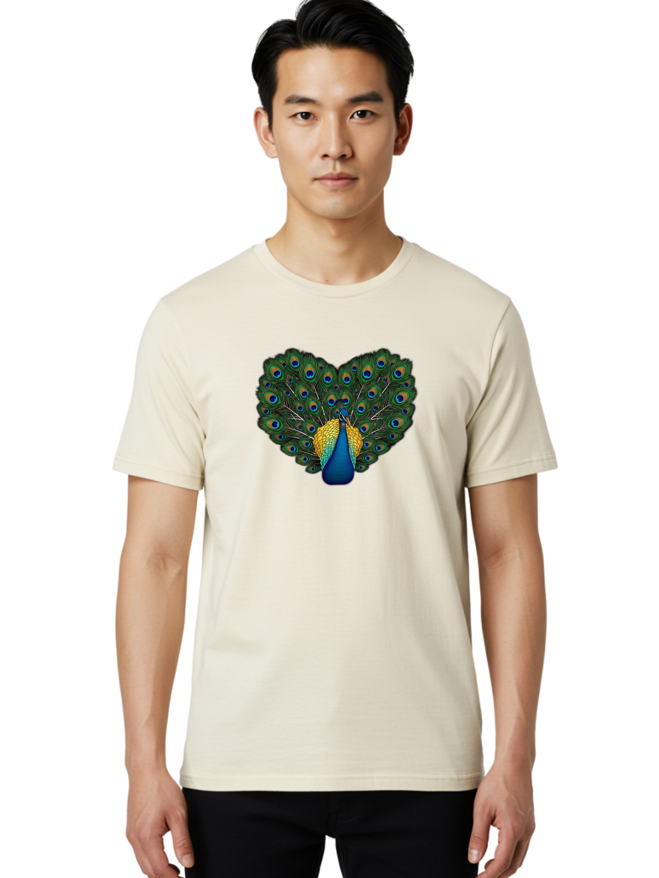 Peacock-Spreads-Tail Men'S Graphic Tee, 100% Cotton, Comfortable Casual Summer Wear, Machine Washable, Peacock Spreads Tail, Vibrant Feathers, Colorful Plumage, Blue And Gold, Eye-Catching Display, Majestic Bird, Ornate Patterns Bab130 6