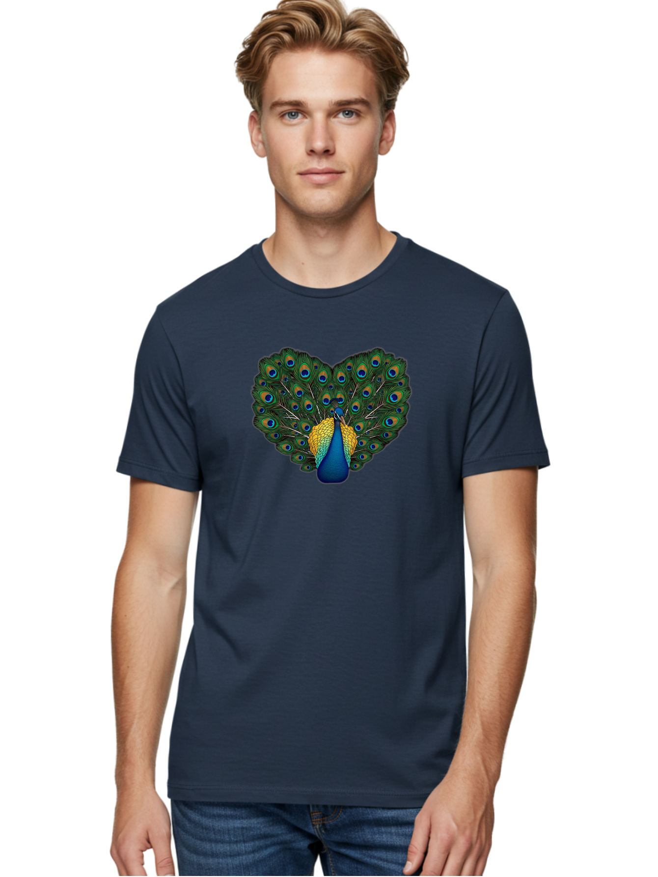 Peacock-Spreads-Tail Men'S Graphic Tee, 100% Cotton, Comfortable Casual Summer Wear, Machine Washable, Peacock Spreads Tail, Vibrant Feathers, Colorful Plumage, Blue And Gold, Eye-Catching Display, Majestic Bird, Ornate Patterns Bab130 22