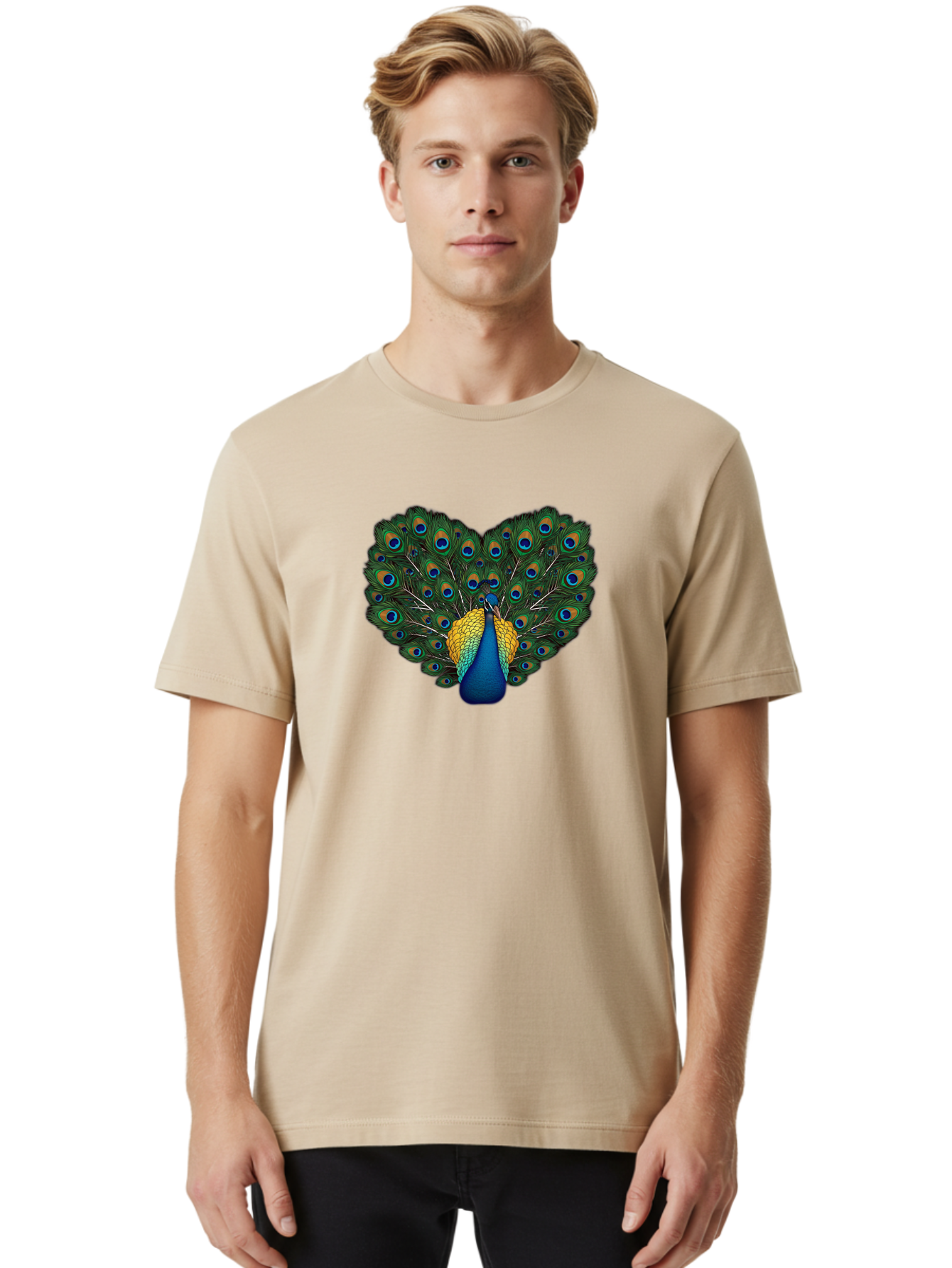 Peacock-Spreads-Tail Men'S Graphic Tee, 100% Cotton, Comfortable Casual Summer Wear, Machine Washable, Peacock Spreads Tail, Vibrant Feathers, Colorful Plumage, Blue And Gold, Eye-Catching Display, Majestic Bird, Ornate Patterns Bab130 4