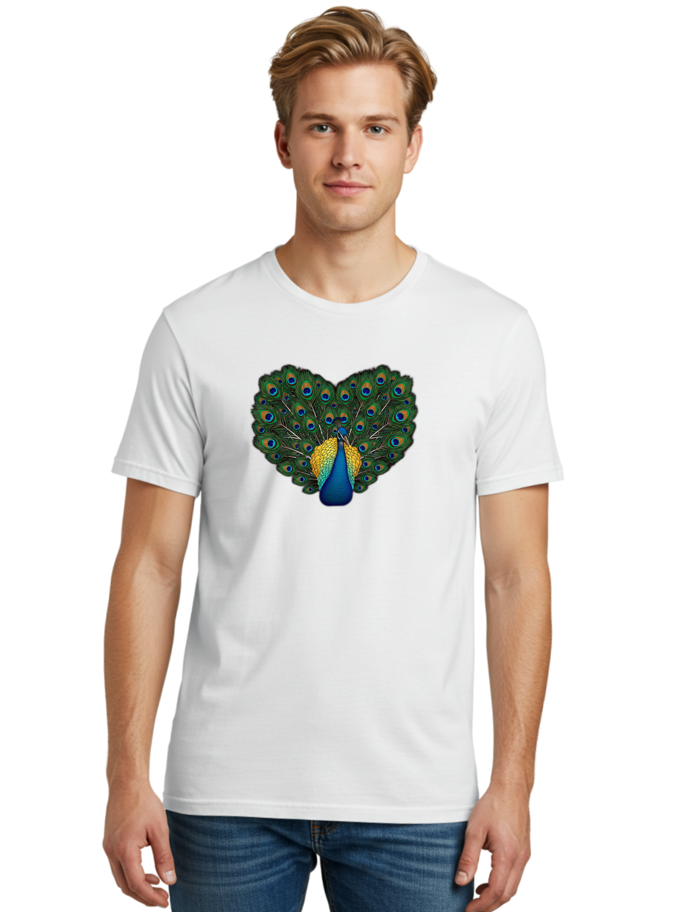 Peacock-Spreads-Tail Men'S Graphic Tee, 100% Cotton, Comfortable Casual Summer Wear, Machine Washable, Peacock Spreads Tail, Vibrant Feathers, Colorful Plumage, Blue And Gold, Eye-Catching Display, Majestic Bird, Ornate Patterns Bab130 8