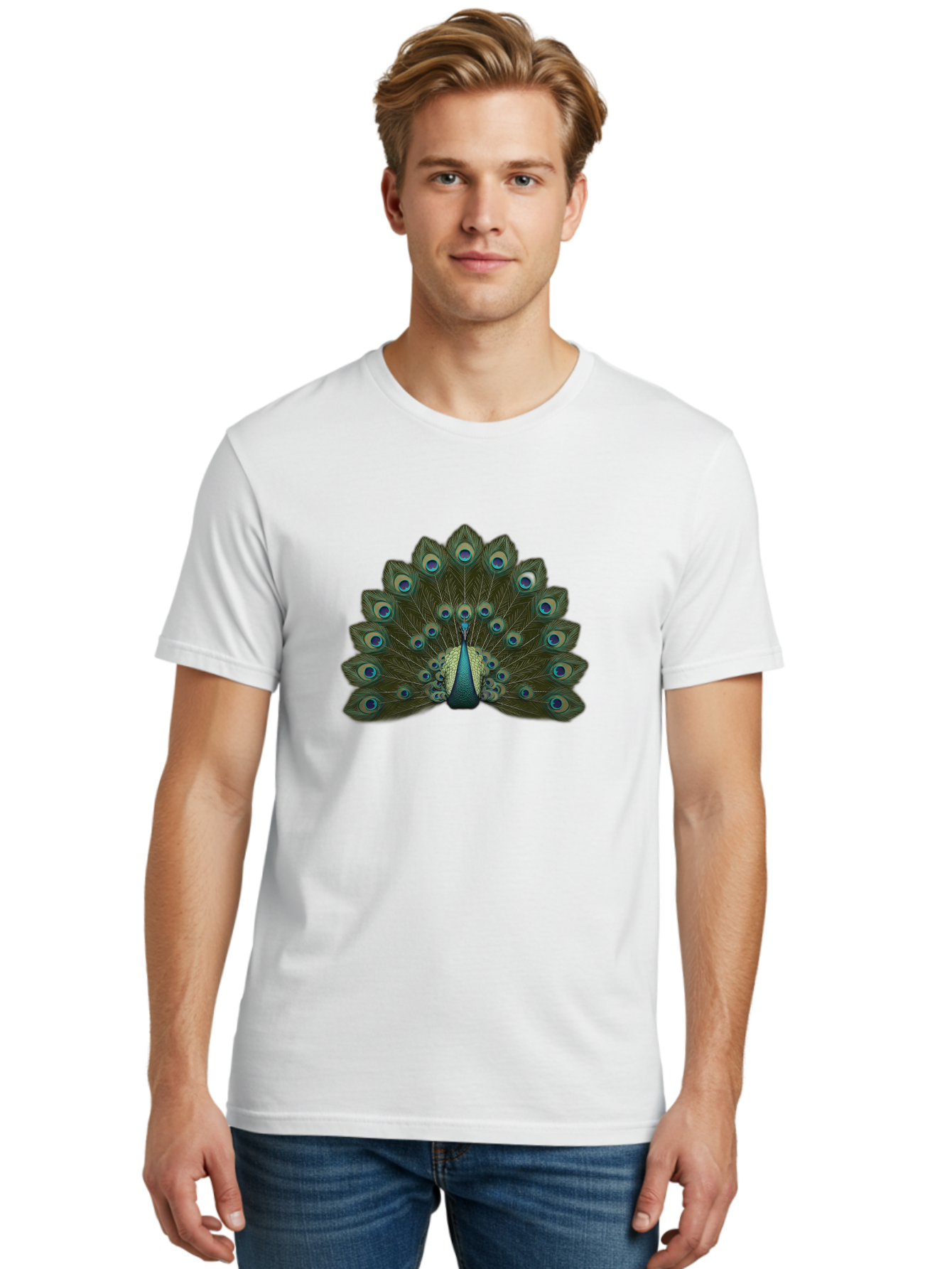 Peacock-Tail-Feathers-1 Men'S Graphic Tee, 100% Cotton, Comfortable Casual Summer Wear, Machine Washable, Peacock Feathers, Vibrant Colors, Blue And Green Hues, Eye-Catching Display, Exotic Bird, Wildlife Photography, Feathered Fan, Bab131 8