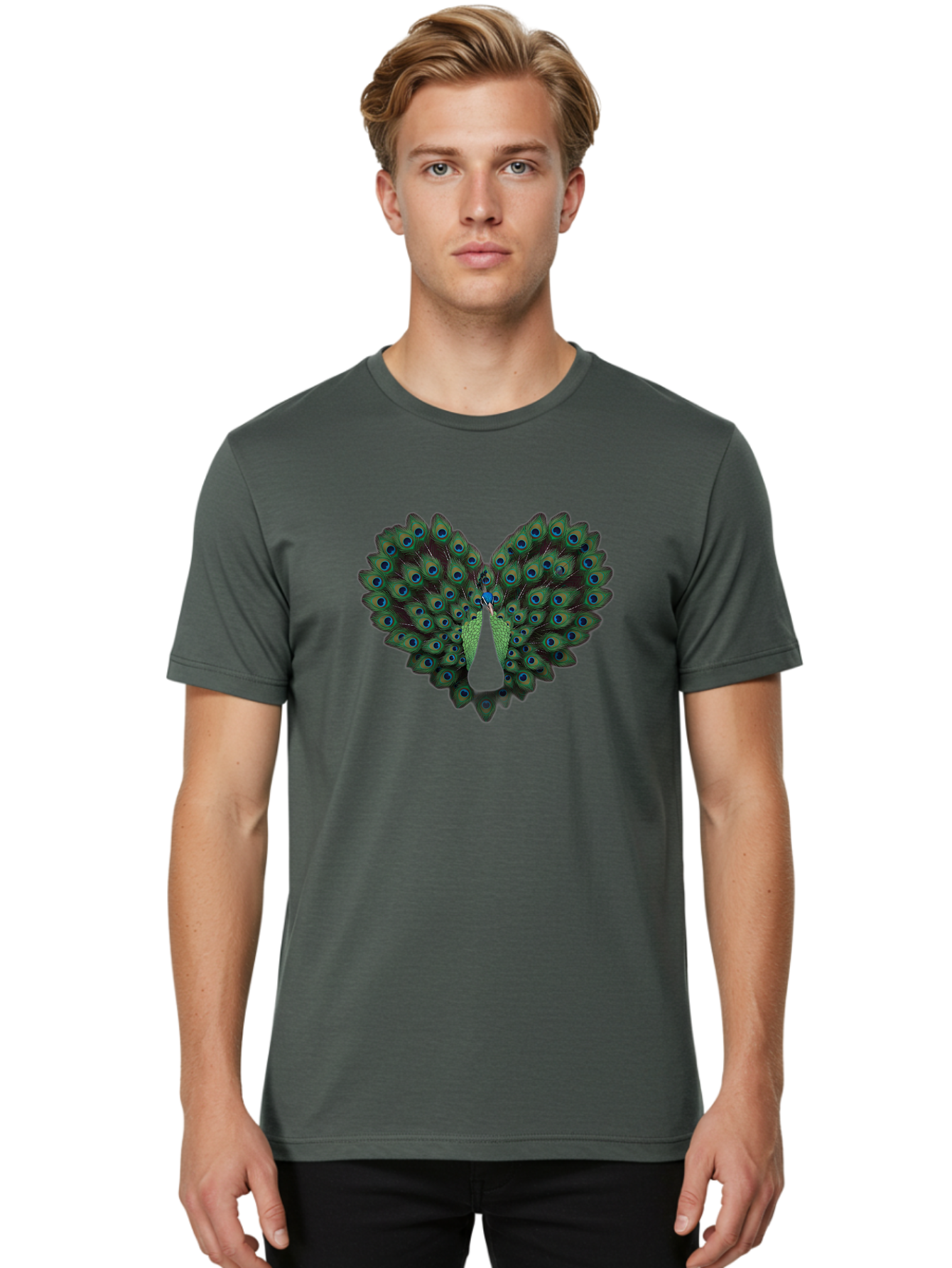 Peacock-Tail-Feathers-2 Men'S Graphic Tee, 100% Cotton, Comfortable Casual Summer Wear, Machine Washable, Peacock Tail Feathers, Vibrant Colors, Blue Eyespots, Green Plumage, Bird Display, Exotic Beauty, Wildlife Photography, Bab132 20