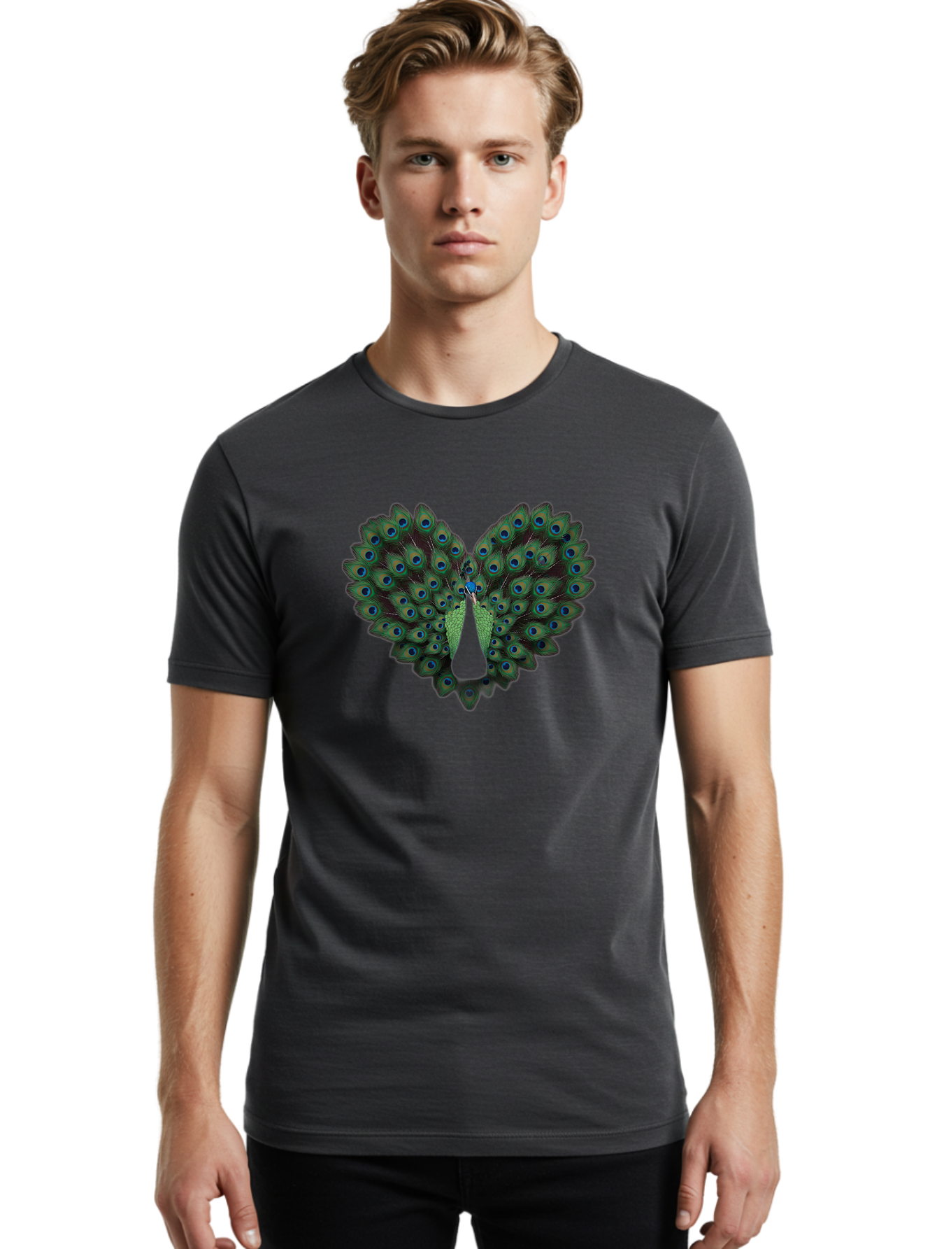 Peacock-Tail-Feathers-2 Men'S Graphic Tee, 100% Cotton, Comfortable Casual Summer Wear, Machine Washable, Peacock Tail Feathers, Vibrant Colors, Blue Eyespots, Green Plumage, Bird Display, Exotic Beauty, Wildlife Photography, Bab132 10