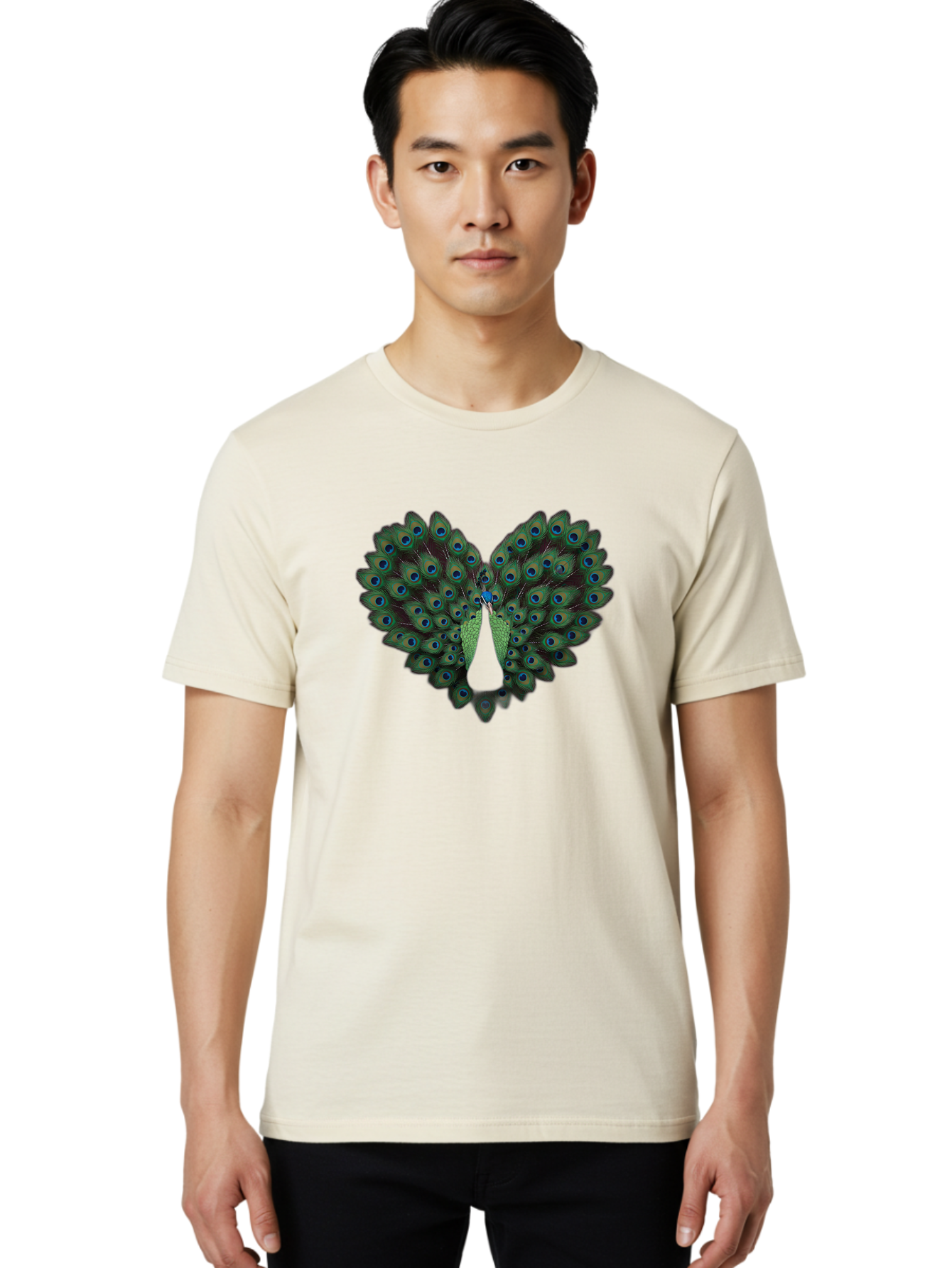 Peacock-Tail-Feathers-2 Men'S Graphic Tee, 100% Cotton, Comfortable Casual Summer Wear, Machine Washable, Peacock Tail Feathers, Vibrant Colors, Blue Eyespots, Green Plumage, Bird Display, Exotic Beauty, Wildlife Photography, Bab132 6