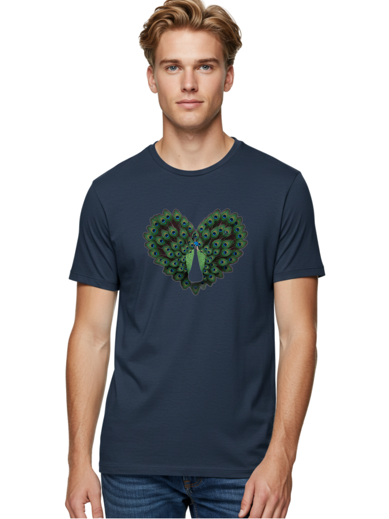 Peacock-Tail-Feathers-2 Men'S Graphic Tee, 100% Cotton, Comfortable Casual Summer Wear, Machine Washable, Peacock Tail Feathers, Vibrant Colors, Blue Eyespots, Green Plumage, Bird Display, Exotic Beauty, Wildlife Photography, Bab132 22