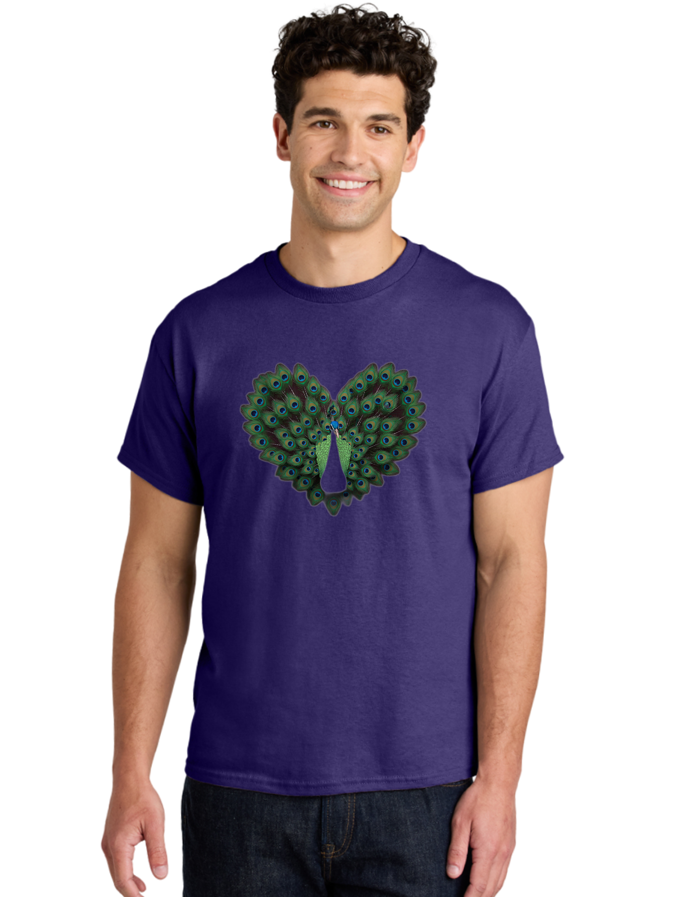 Peacock-Tail-Feathers-2 Men'S Graphic Tee, 100% Cotton, Comfortable Casual Summer Wear, Machine Washable, Peacock Tail Feathers, Vibrant Colors, Blue Eyespots, Green Plumage, Bird Display, Exotic Beauty, Wildlife Photography, Bab132 24