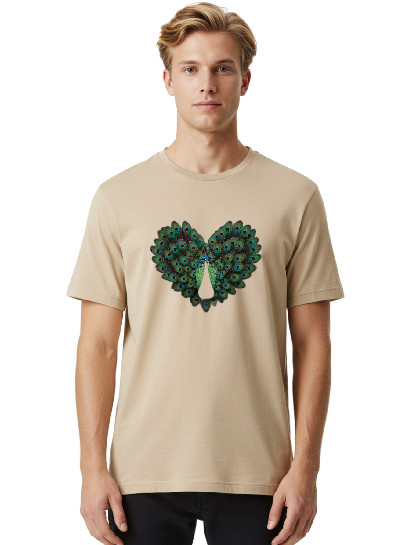 Peacock-Tail-Feathers-2 Men'S Graphic Tee, 100% Cotton, Comfortable Casual Summer Wear, Machine Washable, Peacock Tail Feathers, Vibrant Colors, Blue Eyespots, Green Plumage, Bird Display, Exotic Beauty, Wildlife Photography, Bab132 4