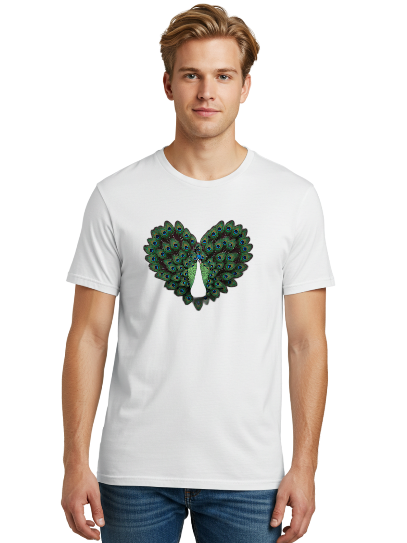 Peacock-Tail-Feathers-2 Men'S Graphic Tee, 100% Cotton, Comfortable Casual Summer Wear, Machine Washable, Peacock Tail Feathers, Vibrant Colors, Blue Eyespots, Green Plumage, Bird Display, Exotic Beauty, Wildlife Photography, Bab132 8