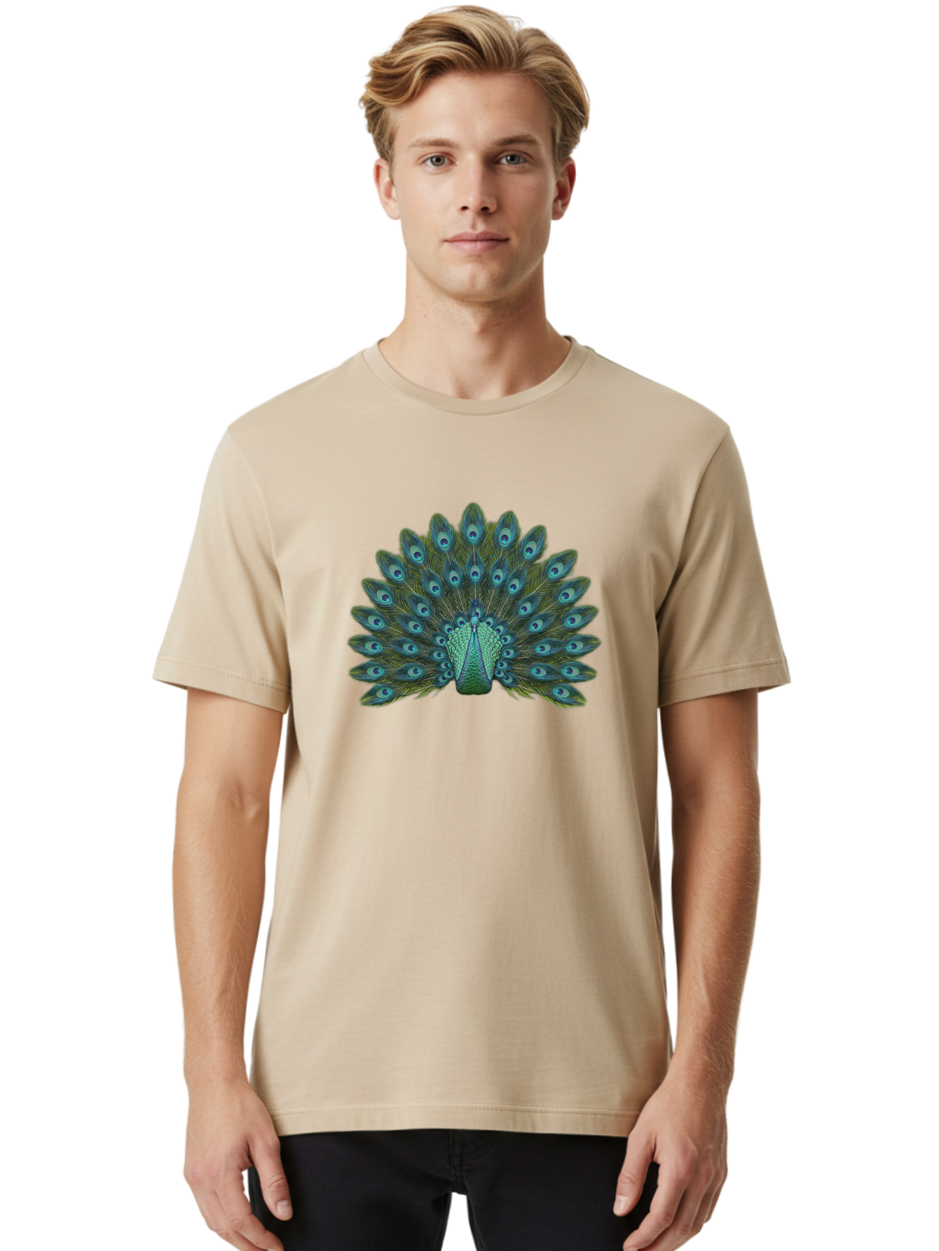 Peacock-Tail-Feathers Men'S Graphic Tee, 100% Cotton, Comfortable Casual Summer Wear, Machine Washable, Peacock Feathers, Blue And Green Plumage, Eye-Catching Display, Vibrant Colors, Intricate Patterns, Majestic Bird, Natural Beauty, Bab133 4