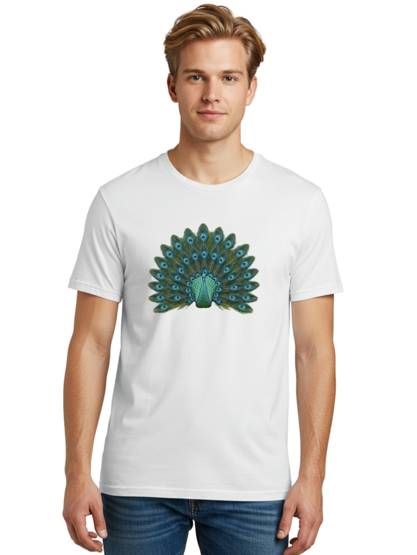 Peacock-Tail-Feathers Men'S Graphic Tee, 100% Cotton, Comfortable Casual Summer Wear, Machine Washable, Peacock Feathers, Blue And Green Plumage, Eye-Catching Display, Vibrant Colors, Intricate Patterns, Majestic Bird, Natural Beauty, Bab133 8