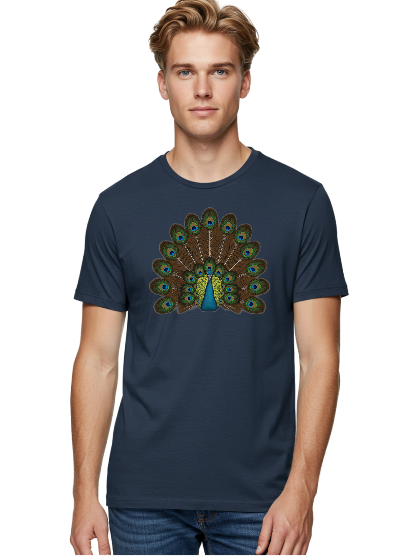 Peacock-Tail Men'S Graphic Tee, 100% Cotton, Comfortable Casual Summer Wear, Machine Washable, Peacock Feathers, Colorful Plumage, Vibrant Blues And Greens, Eye-Catching Display, Intricate Patterns, Majestic Bird, Ornate Decoration, Bab134 22