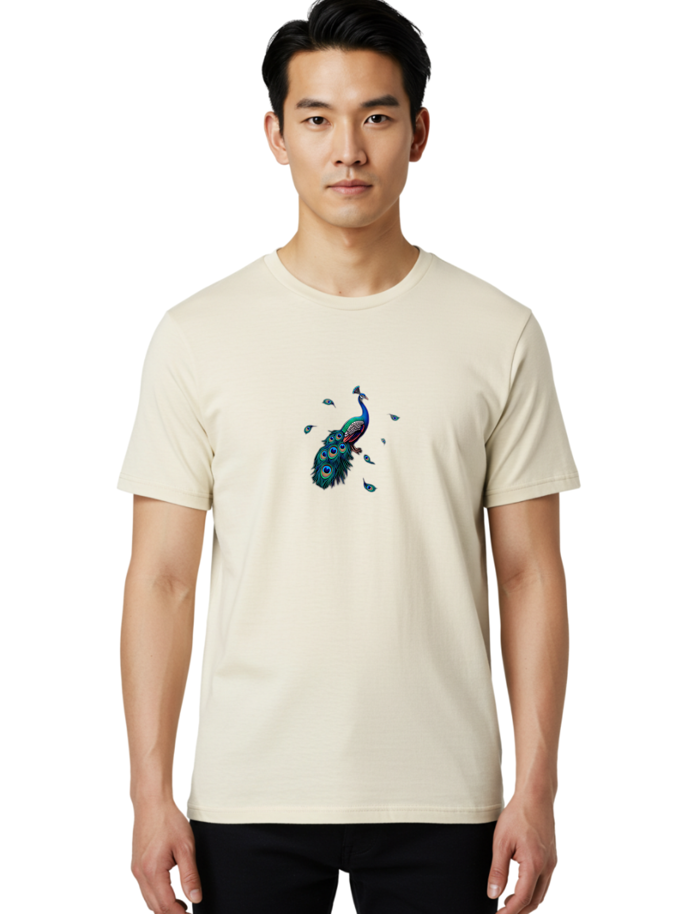 Peacock-With-Falling-Feathers Men'S Graphic Tee, 100% Cotton, Comfortable Casual Summer Wear, Machine Washable, Peacock, Blue Feathers, Vibrant Plumage, Colorful Bird, Majestic Creature, Eye-Catching Display, Blue And Black Feathers, Bab135 6