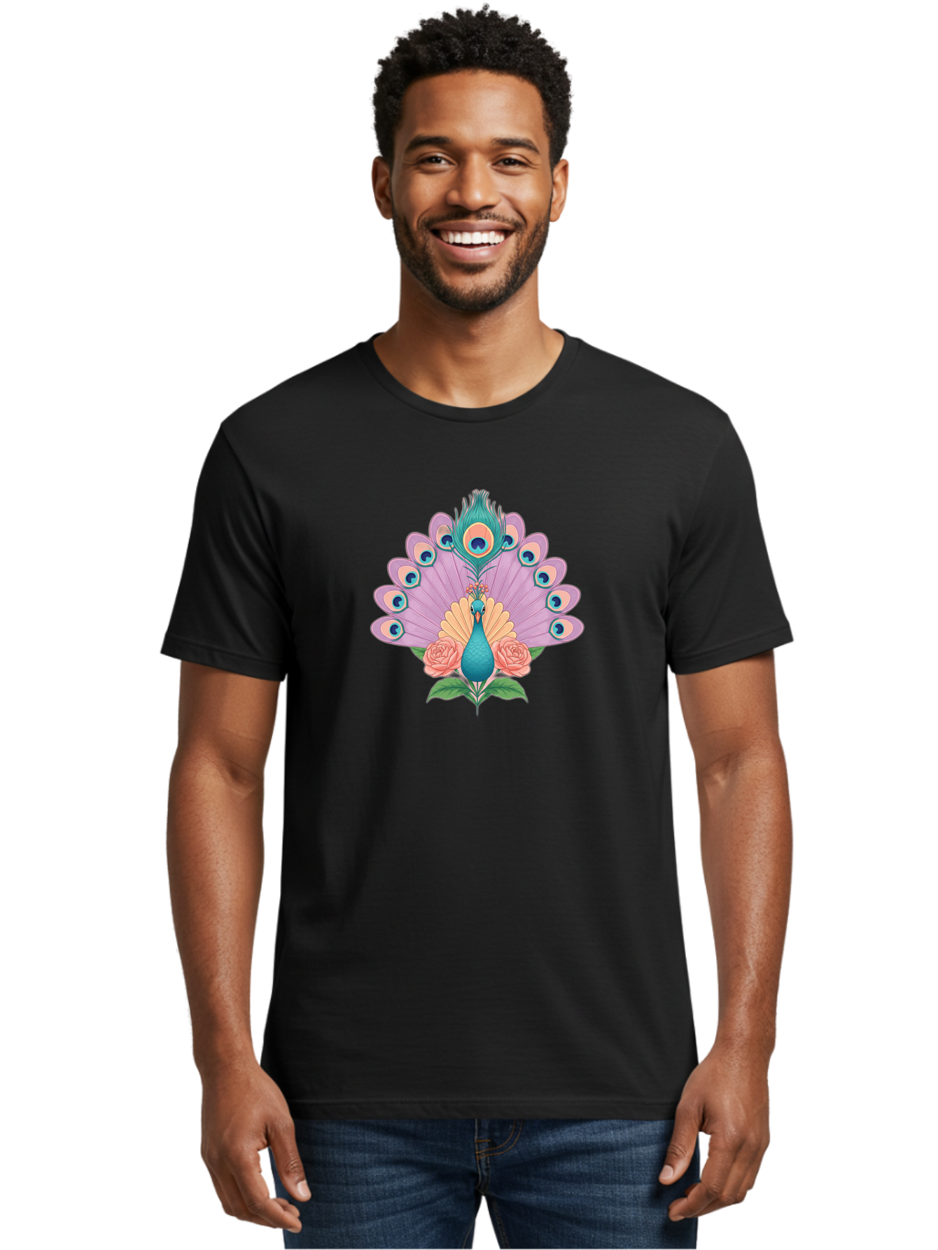 Peacock-With-Roses Men'S Graphic Tee, 100% Cotton, Comfortable Casual Summer Wear, Machine Washable, Peacock With Colorful Feathers, Vibrant Plumage, Blue And Pink Hues, Floral Accents, Pink Roses, Exotic Bird, Artistic Design, Bab136 28