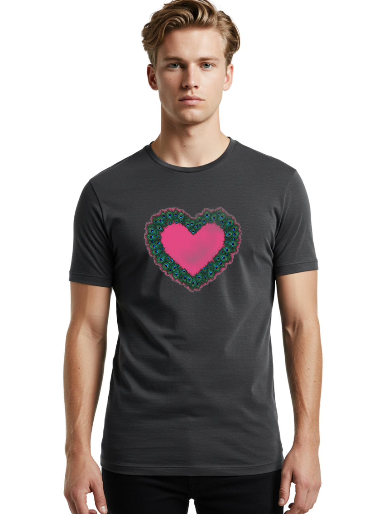 Pink-Heart Men'S Graphic Tee, 100% Cotton, Comfortable Casual Summer Wear, Machine Washable, Heart Shape, Pink Center, Peacock Feathers, Blue Eyespots, Green Hues, Romantic Symbol, Love Heart, Vibrant Colors, Decorative Border, Festive Design, Bab167 10