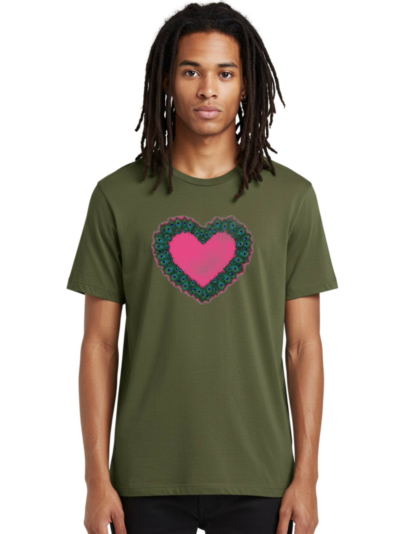 Pink-Heart Men'S Graphic Tee, 100% Cotton, Comfortable Casual Summer Wear, Machine Washable, Heart Shape, Pink Center, Peacock Feathers, Blue Eyespots, Green Hues, Romantic Symbol, Love Heart, Vibrant Colors, Decorative Border, Festive Design, Bab167 18