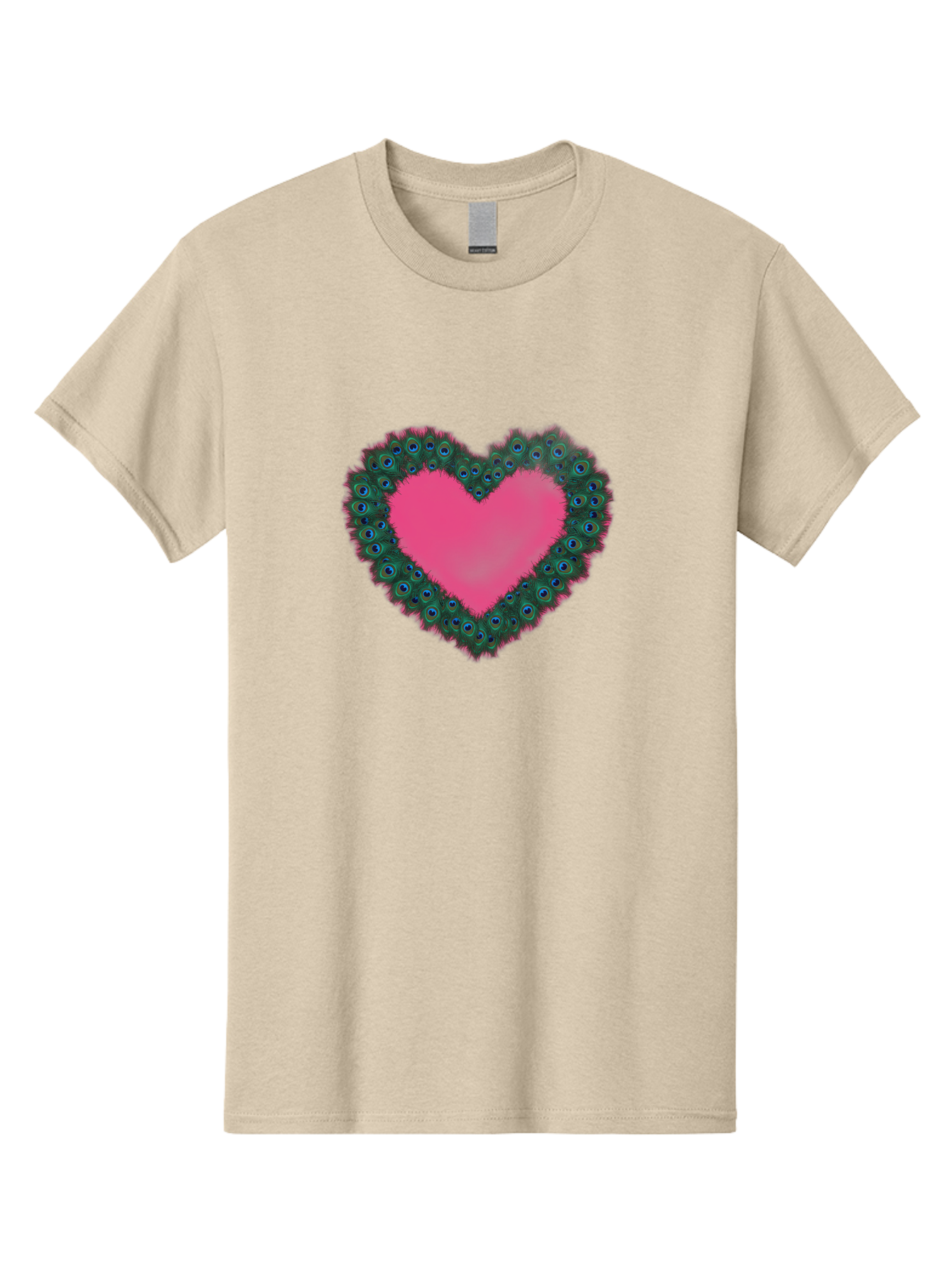 Pink-Heart Men'S Graphic Tee, 100% Cotton, Comfortable Casual Summer Wear, Machine Washable, Heart Shape, Pink Center, Peacock Feathers, Blue Eyespots, Green Hues, Romantic Symbol, Love Heart, Vibrant Colors, Decorative Border, Festive Design, Bab167 3