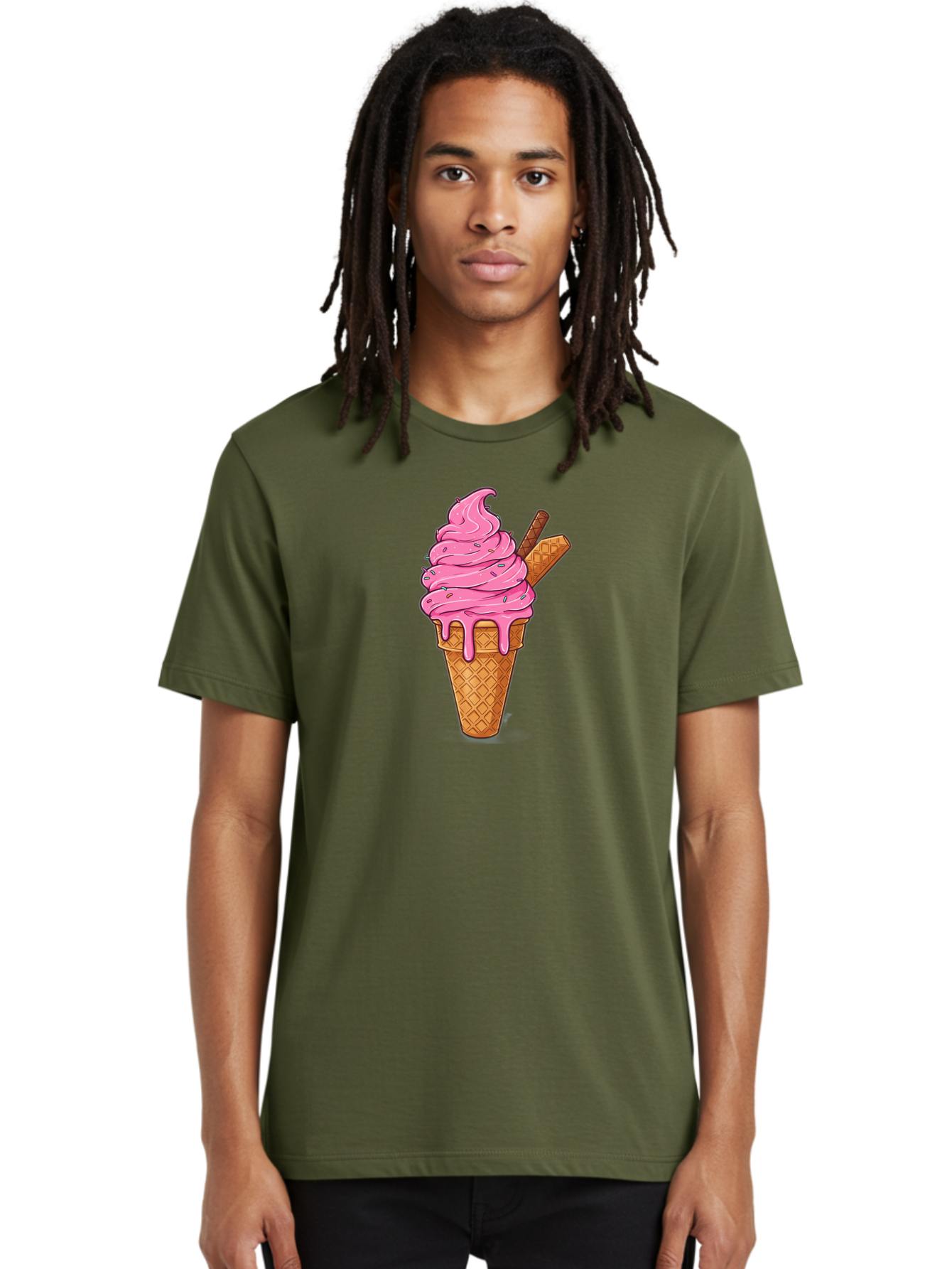 Pink-Ice-Cream-1 Men'S Graphic Tee, 100% Cotton, Comfortable Casual Summer Wear, Machine Washable, Pink Ice Cream Cone, Melting Ice Cream, Waffle Cone, Sprinkles, Wafer Sticks, Sweet Treats, Dessert, Ice Cream Lover, Cartoon Style, Tasty, Bab168 18