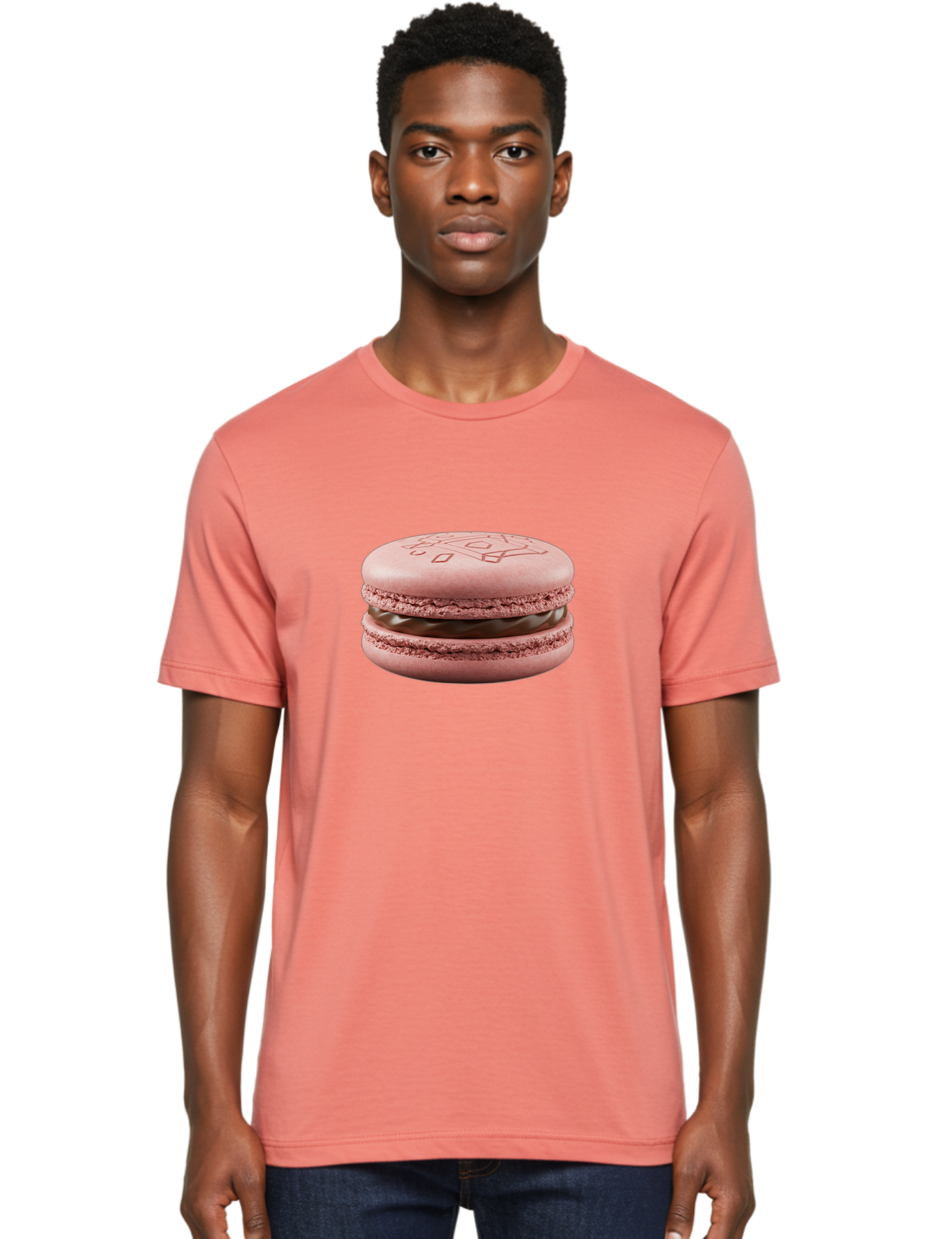 Pink-Macaron-With-Chocolate-Filling Men'S Graphic Tee, 100% Cotton, Comfortable Casual Summer Wear, Machine Washable, Pink Macaron, Chocolate Filling, Love Design, French Dessert, Sweet Treat, Delicate Meringue, Chocolate Ganache, Baked Goods Bab182 2