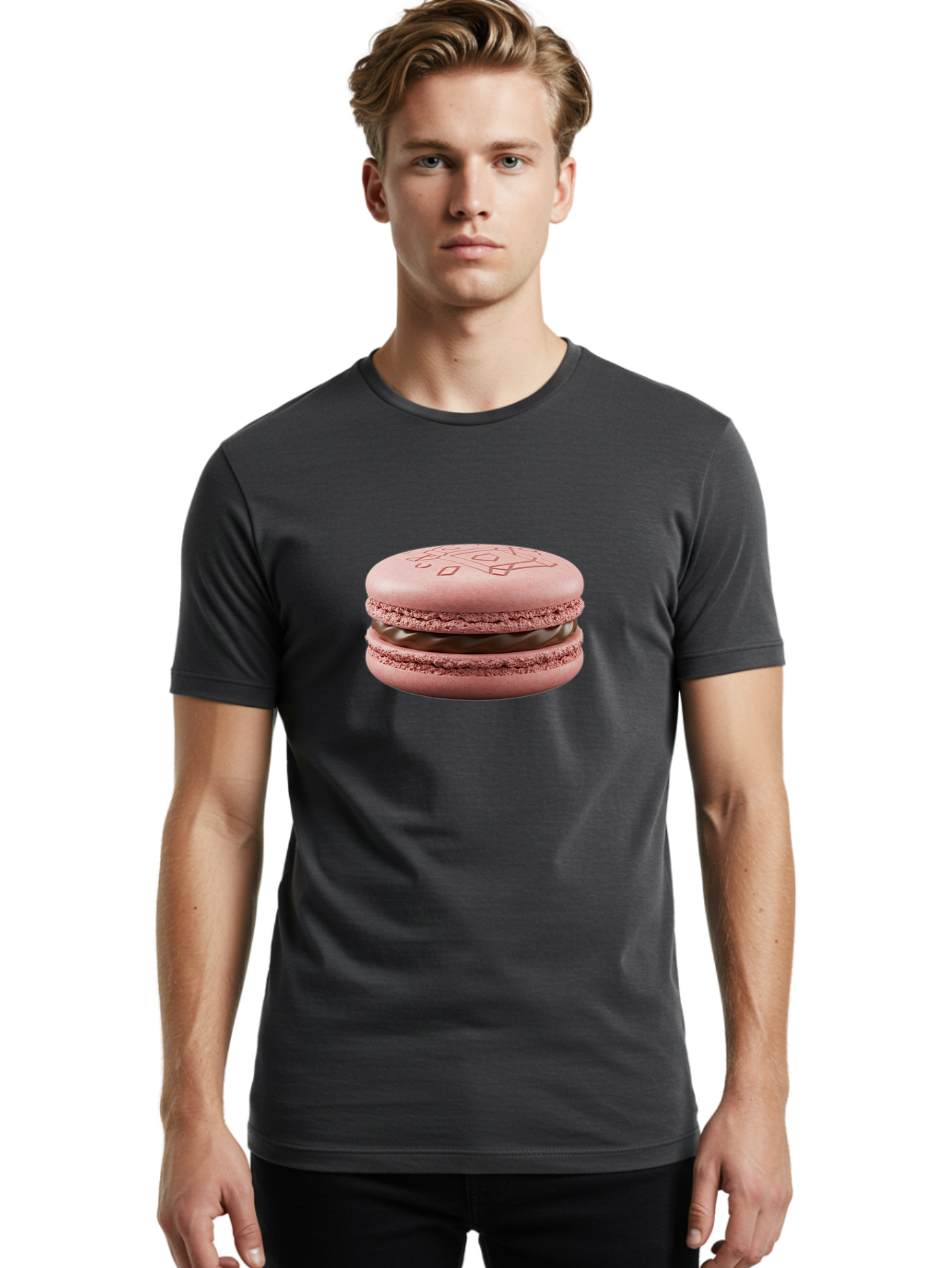 Pink-Macaron-With-Chocolate-Filling Men'S Graphic Tee, 100% Cotton, Comfortable Casual Summer Wear, Machine Washable, Pink Macaron, Chocolate Filling, Love Design, French Dessert, Sweet Treat, Delicate Meringue, Chocolate Ganache, Baked Goods Bab182 10