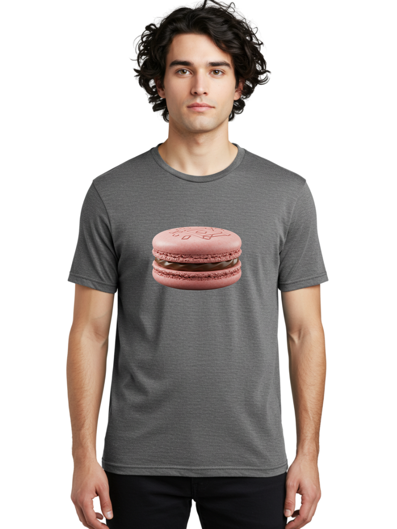 Pink-Macaron-With-Chocolate-Filling Men'S Graphic Tee, 100% Cotton, Comfortable Casual Summer Wear, Machine Washable, Pink Macaron, Chocolate Filling, Love Design, French Dessert, Sweet Treat, Delicate Meringue, Chocolate Ganache, Baked Goods Bab182 12