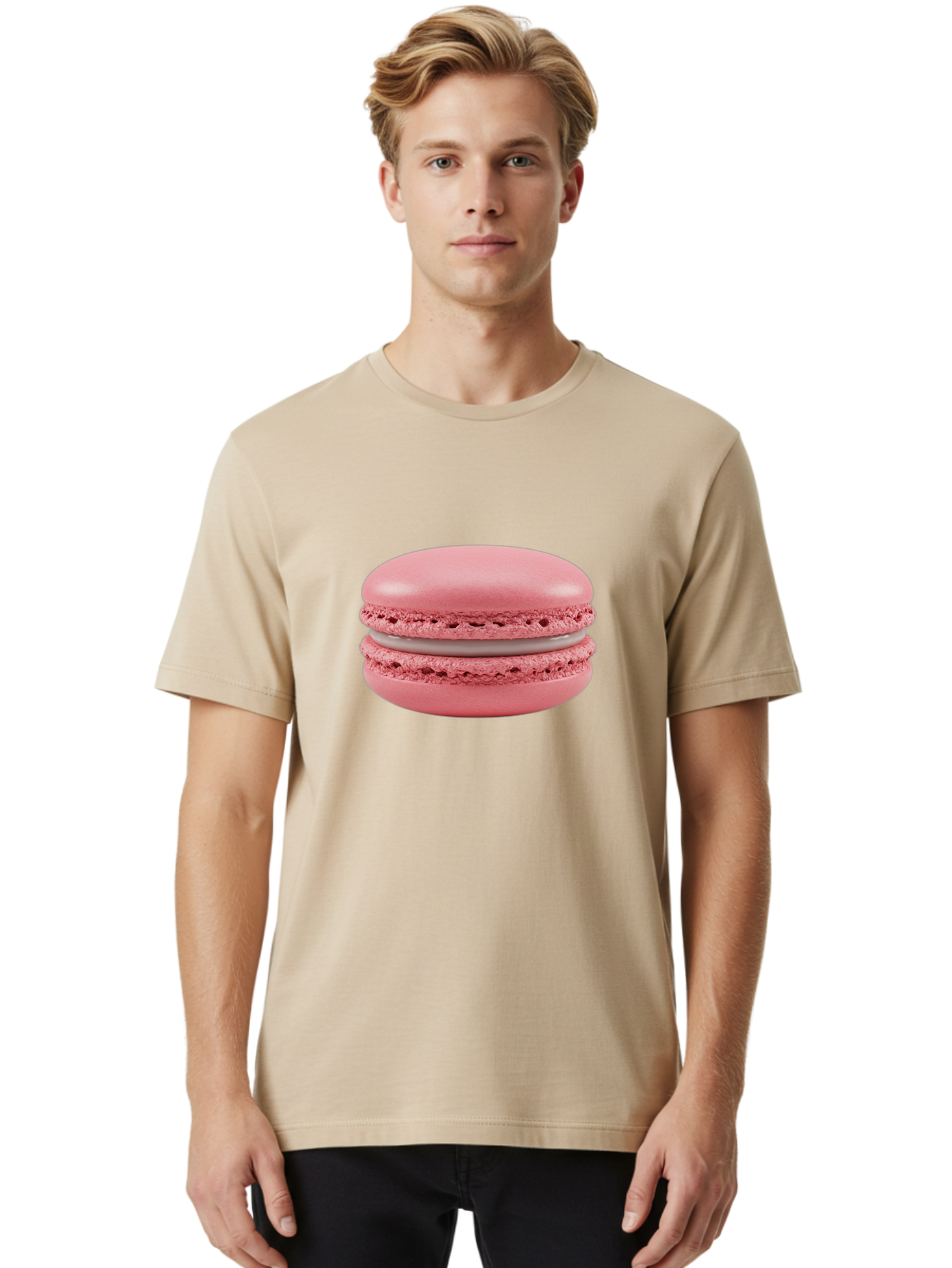 Pink-Macaron Men'S Graphic Tee, 100% Cotton, Comfortable Casual Summer Wear, Machine Washable, Pink Macaron, French Dessert, Meringue-Based Cookie, Creamy Filling, Sweet Treat, Delicate Texture, Pastel Colors, Bakery Delight Bab183 4
