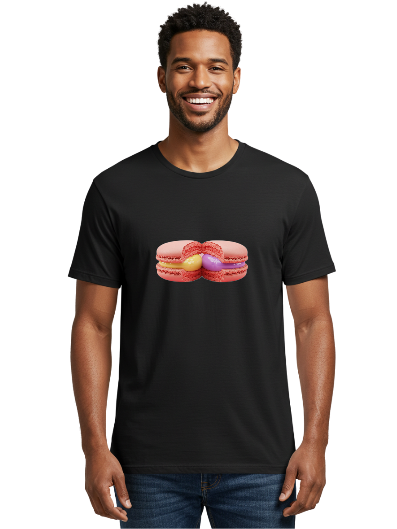 Pink-Macarons-3 Men'S Graphic Tee, 100% Cotton, Comfortable Casual Summer Wear, Machine Washable, Pink Macarons, Yellow And Purple Filling, French Dessert, Sweet Treats, Delicate Meringue, Colorful Pastries, Baked Goods, Gourmet Sweets Bab186 28