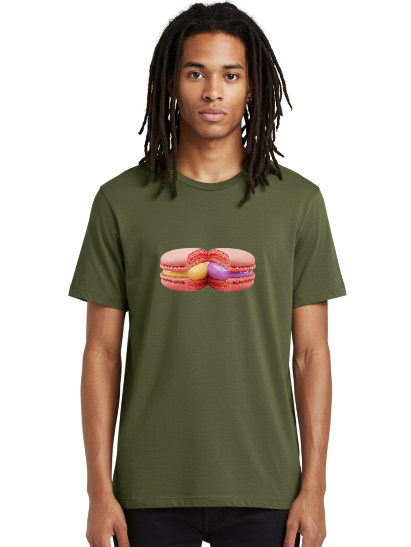 Pink-Macarons-3 Men'S Graphic Tee, 100% Cotton, Comfortable Casual Summer Wear, Machine Washable, Pink Macarons, Yellow And Purple Filling, French Dessert, Sweet Treats, Delicate Meringue, Colorful Pastries, Baked Goods, Gourmet Sweets Bab186 18